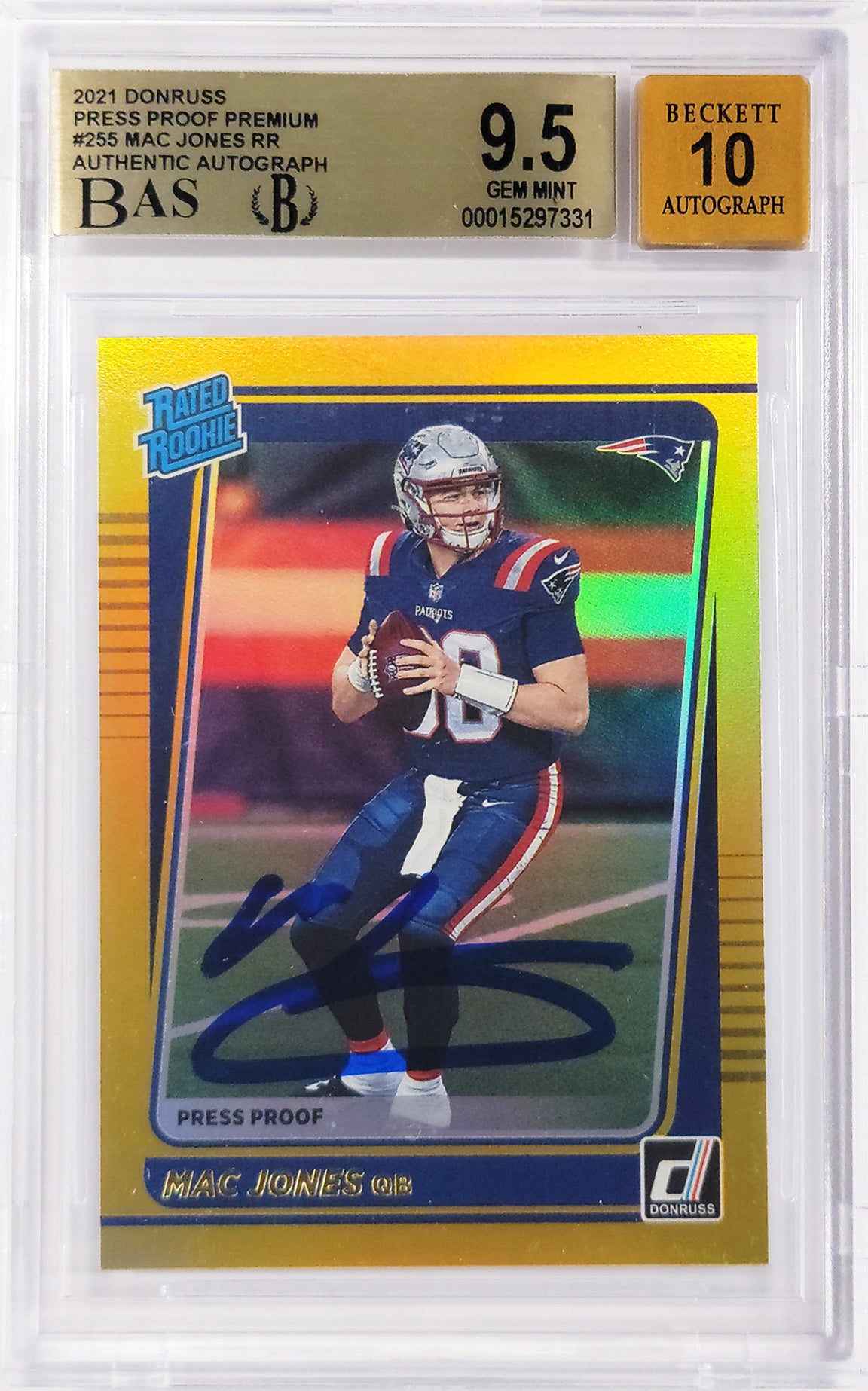 Mac Jones Autographed 2021 Donruss Gold Press Proof Premium Rookie Card #255 New England Patriots BGS 9.5 Auto Grade Gem Mint 10 Beckett BAS #15297331