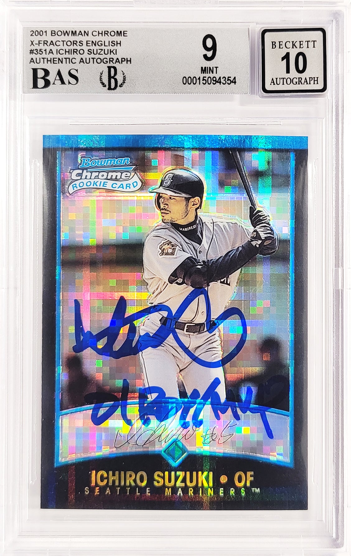 Ichiro Suzuki Autographed 2001 Bowman Chrome X-Fractor English Rookie Card #351A Seattle Mariners BGS 9 Auto Grade Gem Mint 10 "01 ROY/MVP" Beckett BAS #15094354