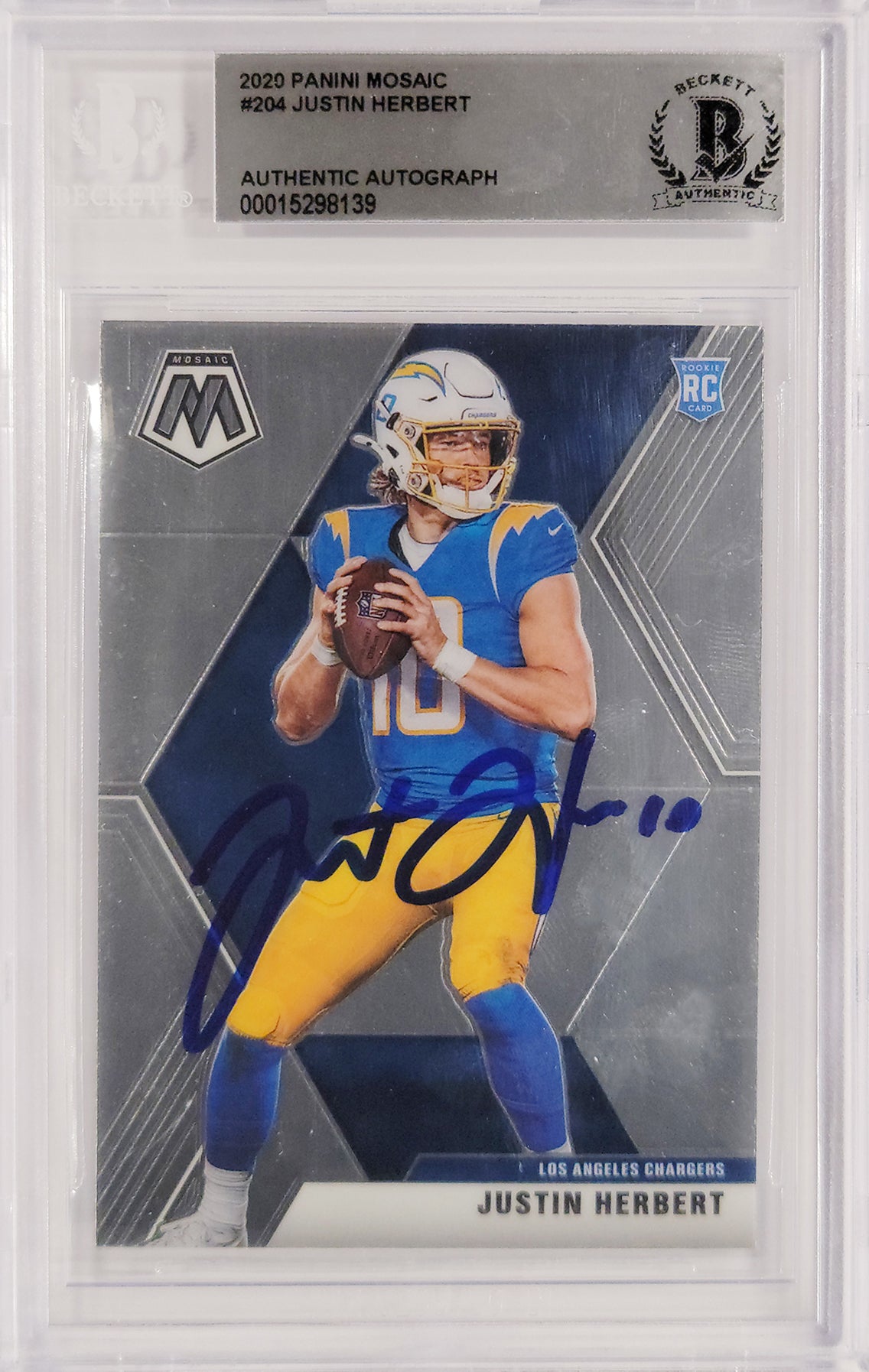 Justin Herbert Autographed 2020 Panini Mosaic Rookie Card #204 Los Angeles Chargers Beckett BAS Stock #211826