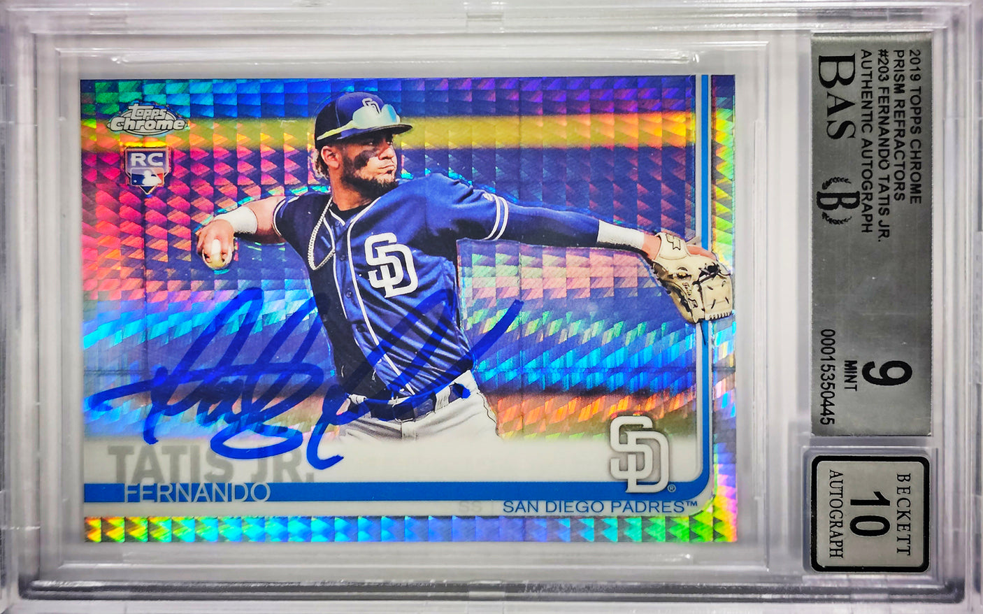 Fernando Tatis Jr. Autographed 2019 Topps Chrome Prism Refractor Rookie Card #203 San Diego Padres BGS 9 Auto Grade Gem Mint 10 Beckett BAS #15350445
