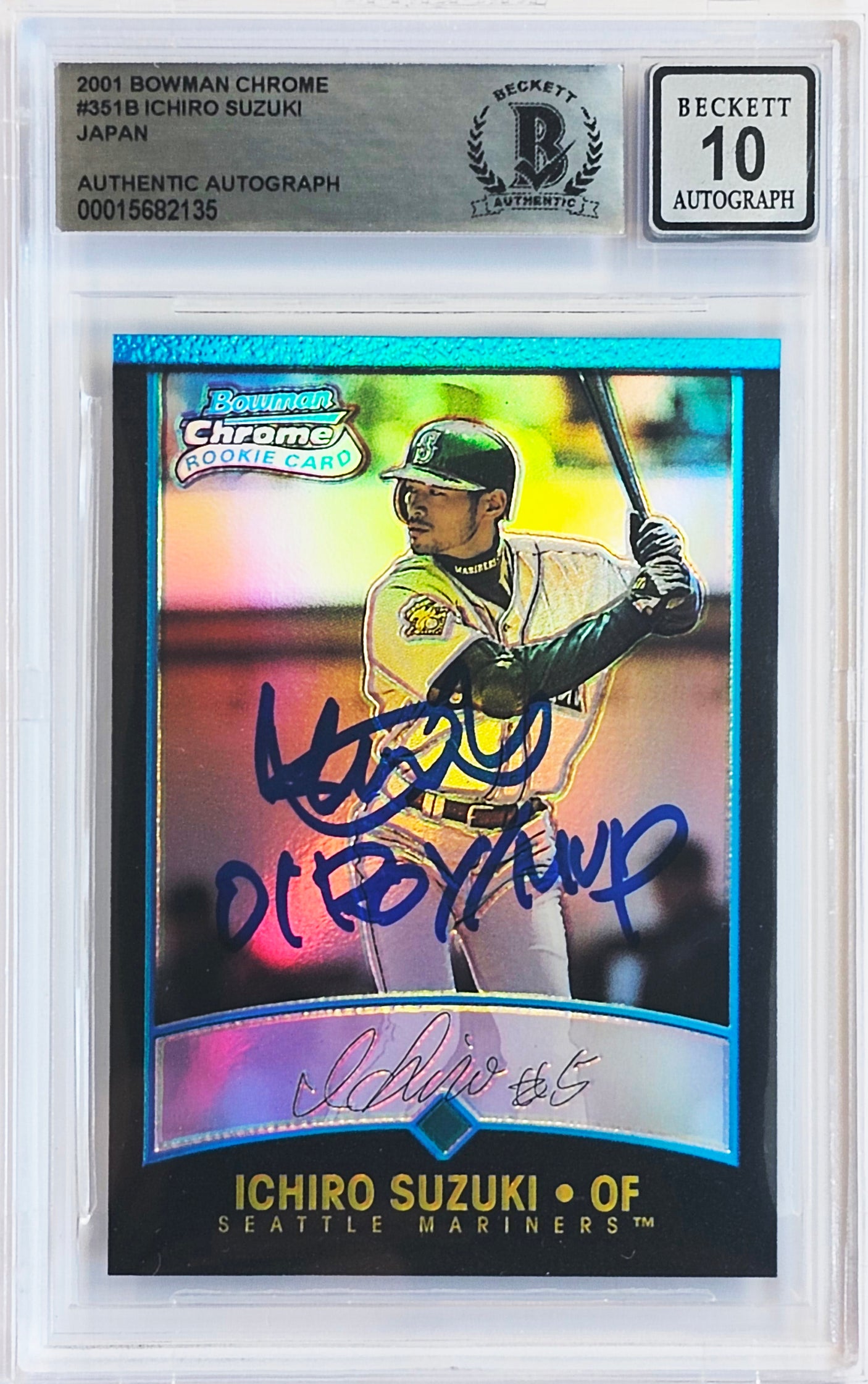 Ichiro Suzuki Autographed 2001 Bowman Chrome Refractor Japanese Rookie Card #351 Seattle Mariners Auto Grade Gem Mint 10 "01 ROY/MVP" Beckett BAS #15682135
