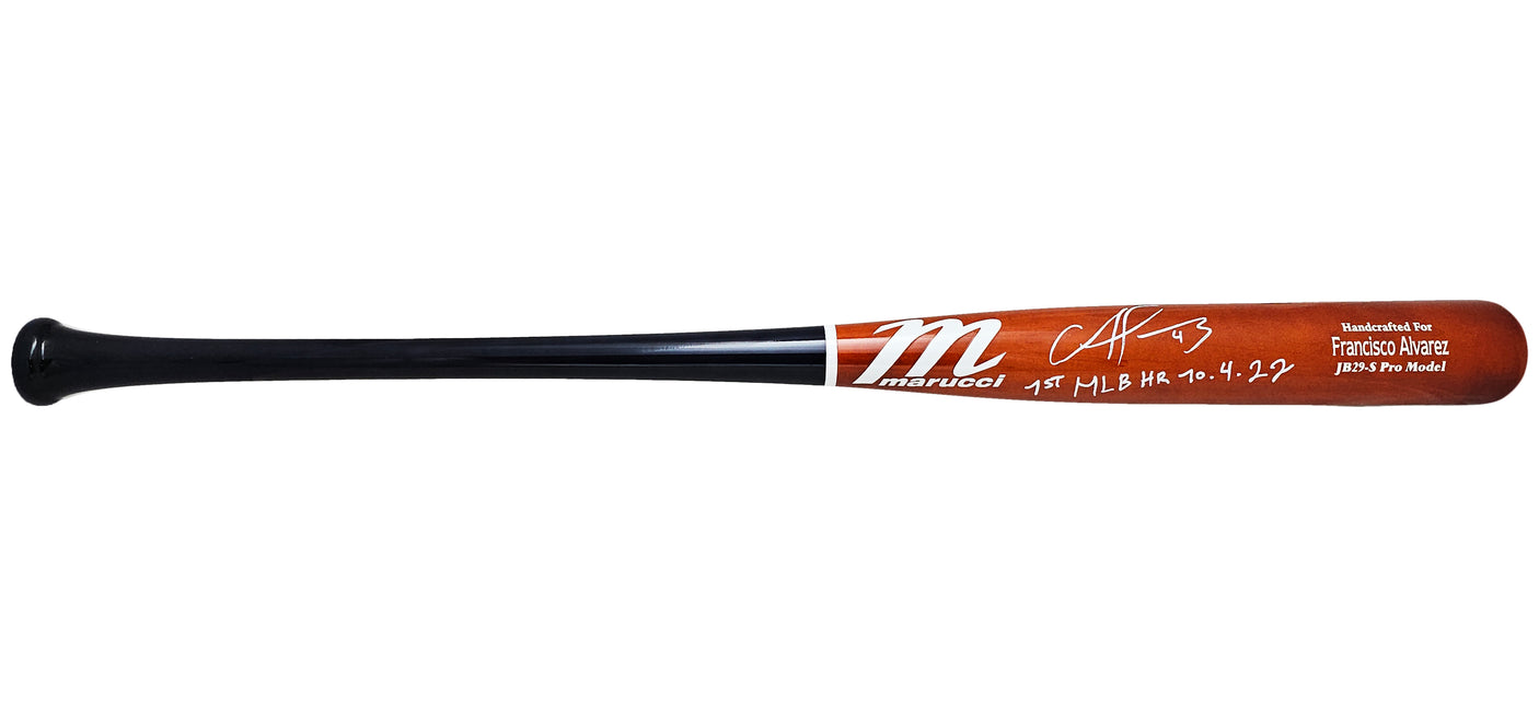 Francisco Alvarez Autographed Orange/Blue Marucci Pro Model Bat New York Mets "1st MLB HR 10-4-22" Beckett BAS Witness Stock #218049