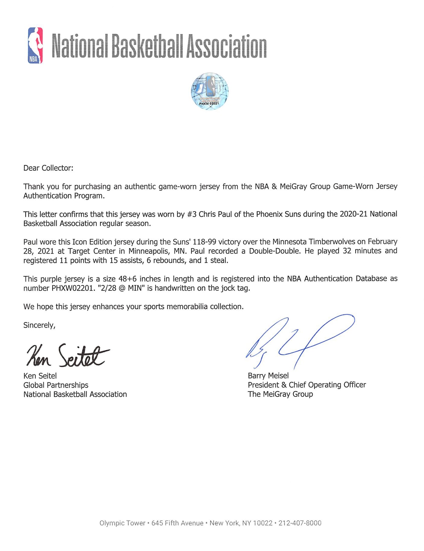 Suns Chris Paul 2/28/2021 Game Worn Purple Nike Size 48 +6 Length Jersey NBA LOA