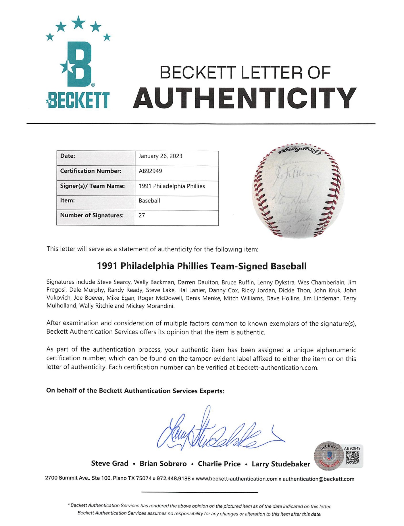 1991 Phillies (27) Daulton, Dykstra, Murphy +24 Signed Baseball BAS #AB92949