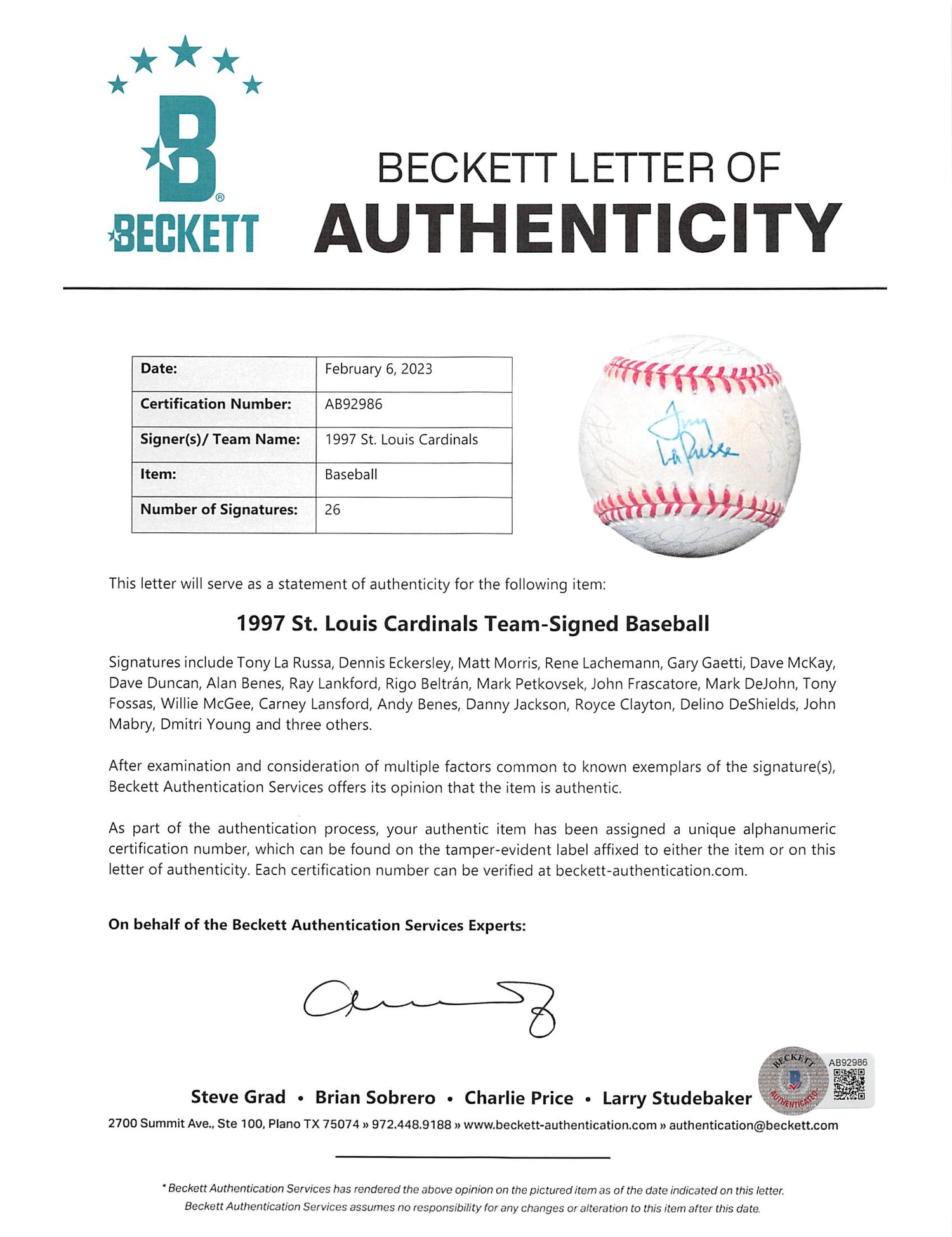 1997 Cardinals (26) La Russa, Eckersley, Gaetti +23 Signed Baseball BAS #AB92986