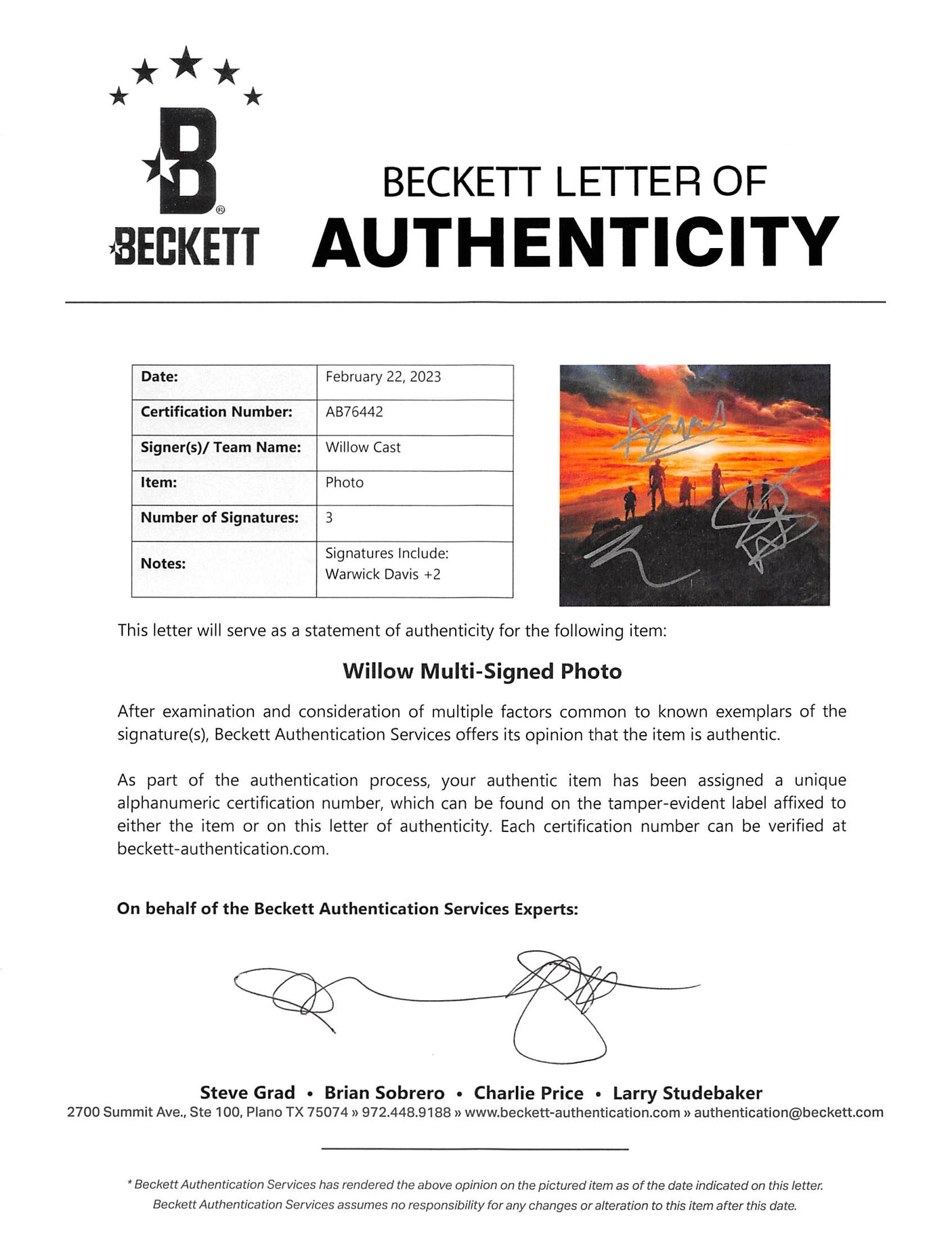 Warwick Davis, Chada Patel & Dempsey Bryk Willow Signed 8x10 Photo BAS #AB76442