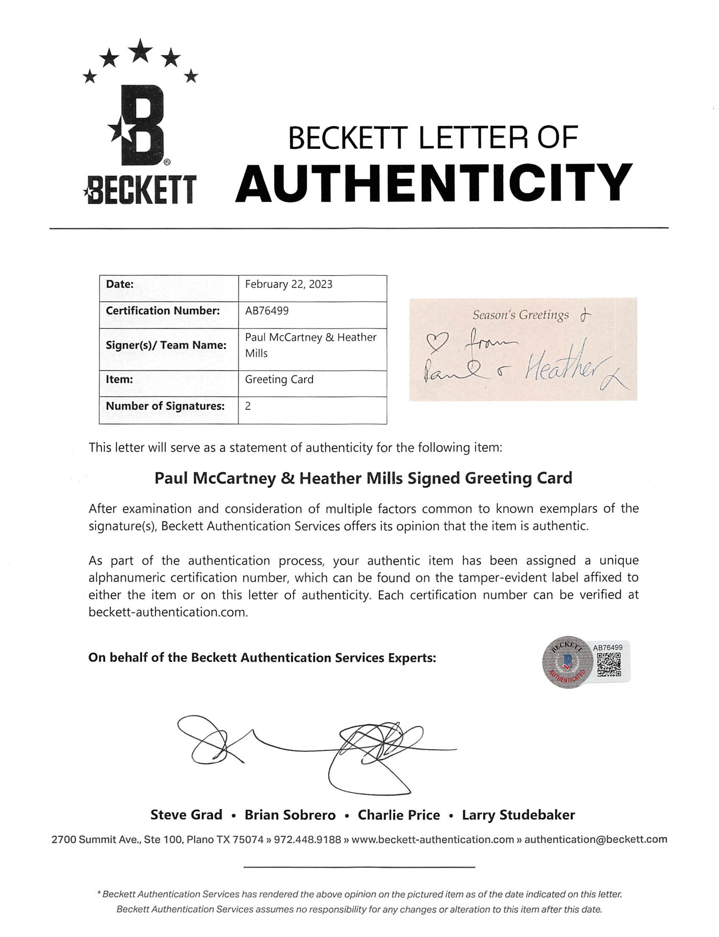 Paul McCartney & Heather Mills Authentic Signed Greeting Card BAS #AB76499