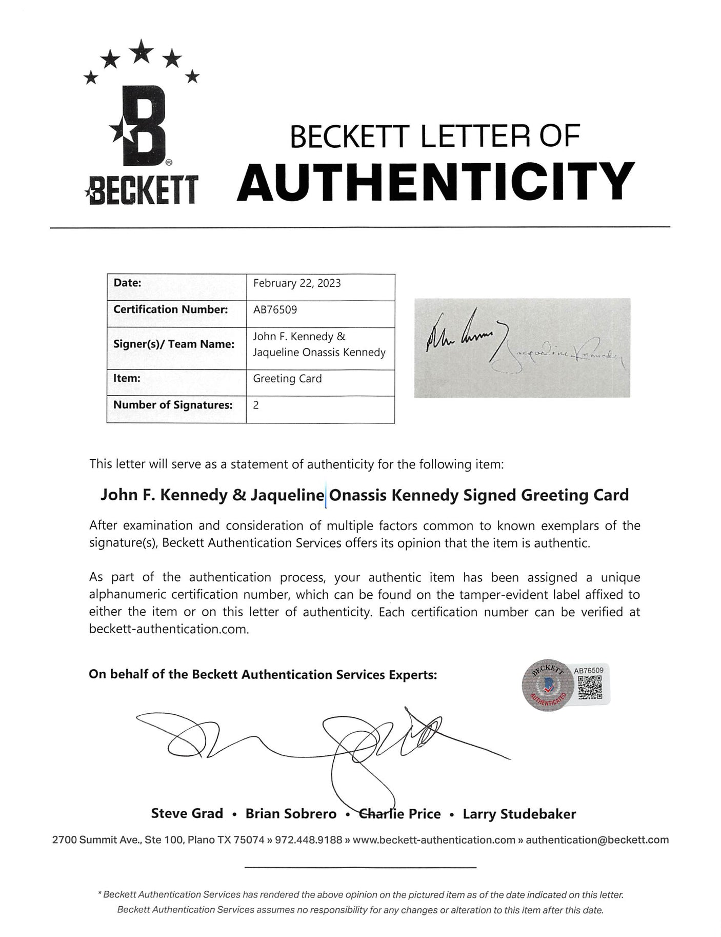 John F. Kennedy & Jaqueline Onassis Signed 1963 Unsent Christmas Card BAS LOA