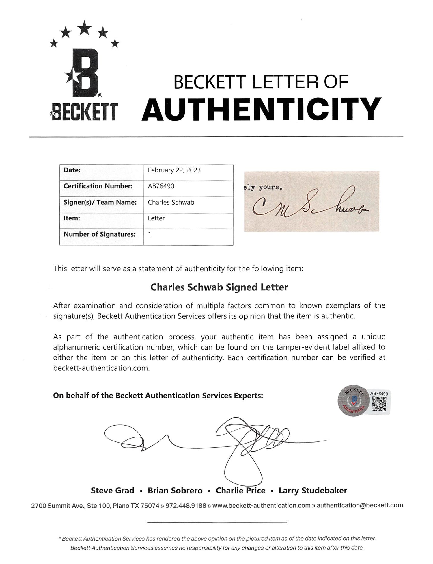 Charles Schwab Authentic Signed 8.5x11 Letter Dated May 2, 1933 BAS #AB76490