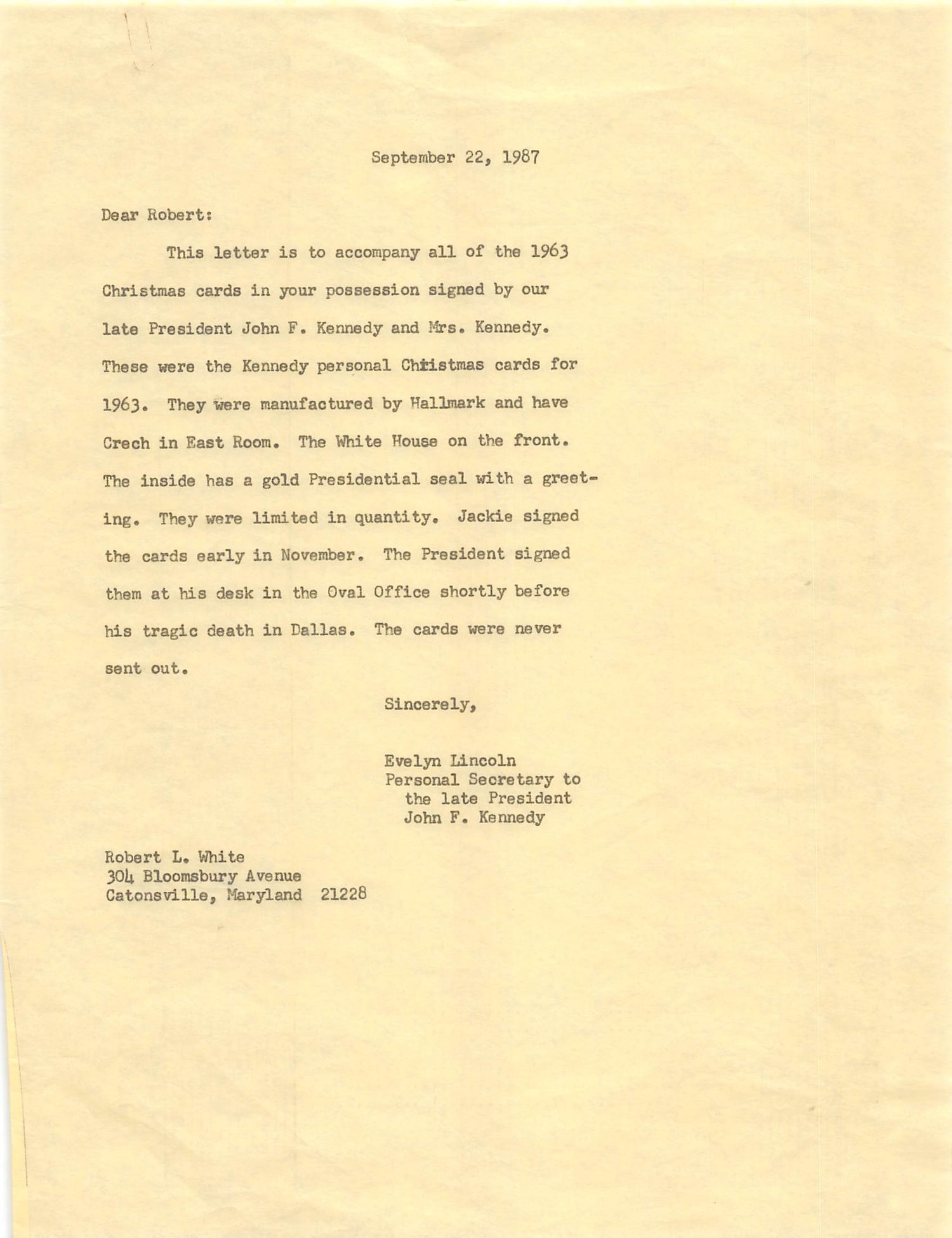 John F. Kennedy & Jaqueline Onassis Signed 1963 Unsent Christmas Card BAS LOA