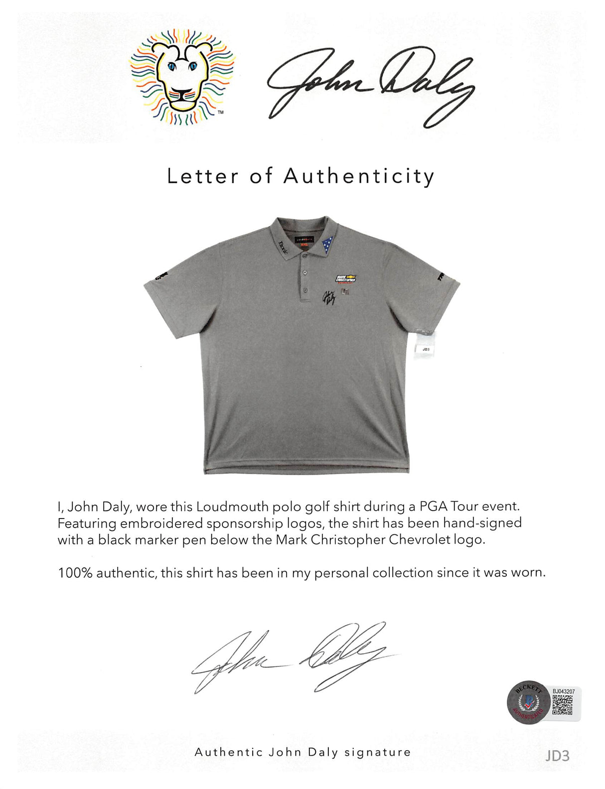 John Daly Authentic Signed Match Worn Gray Loudmouth Polo Shirt BAS #BH00338
