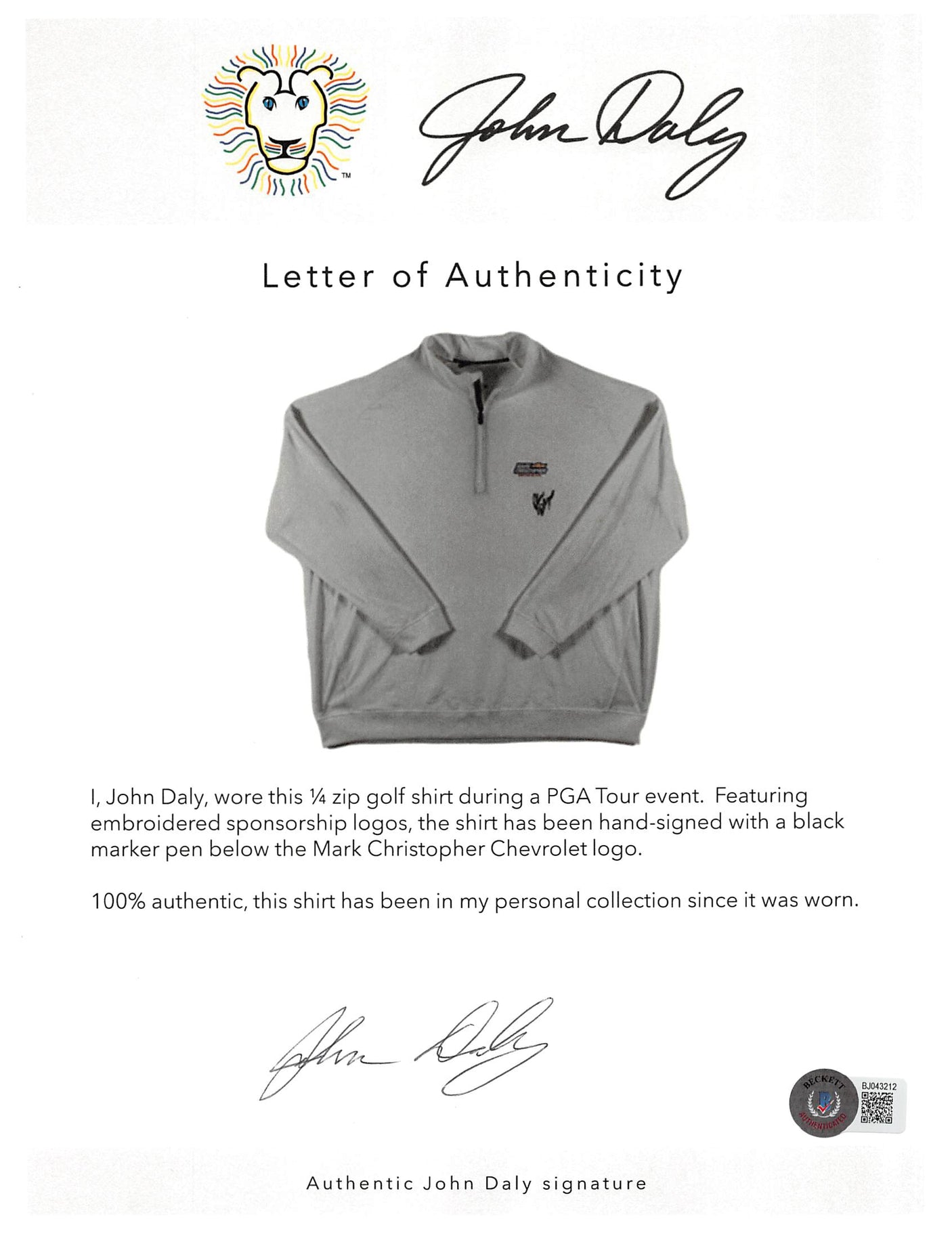 John Daly Signed Match Worn White Adidas Quarter Zip Shirt BAS #BH00335