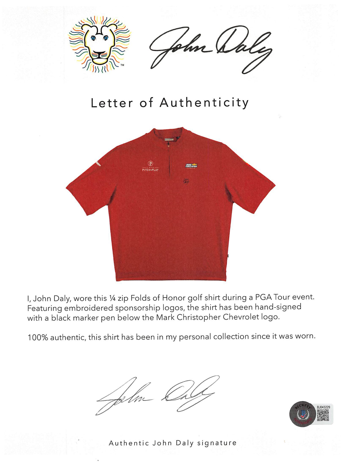 John Daly Authentic Signed Match Worn Red Quarter Zip Golf Shirt BAS #BH00332