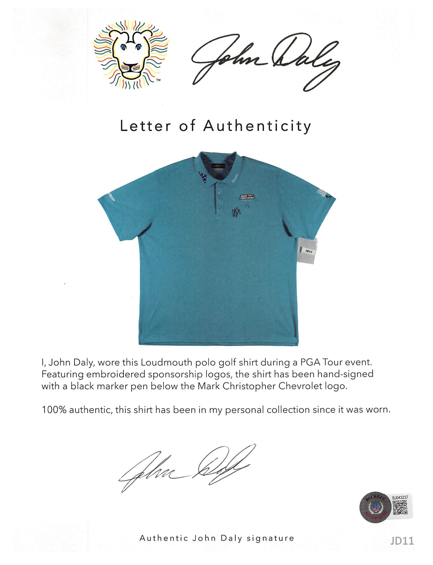 John Daly Authentic Signed Match Worn Teal Loudmouth Polo Shirt BAS #BH00357