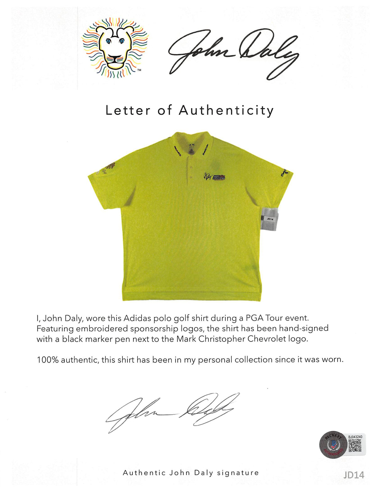 John Daly Signed Match Worn Yellow Adidas Climalite Polo Shirt BAS #BH00367