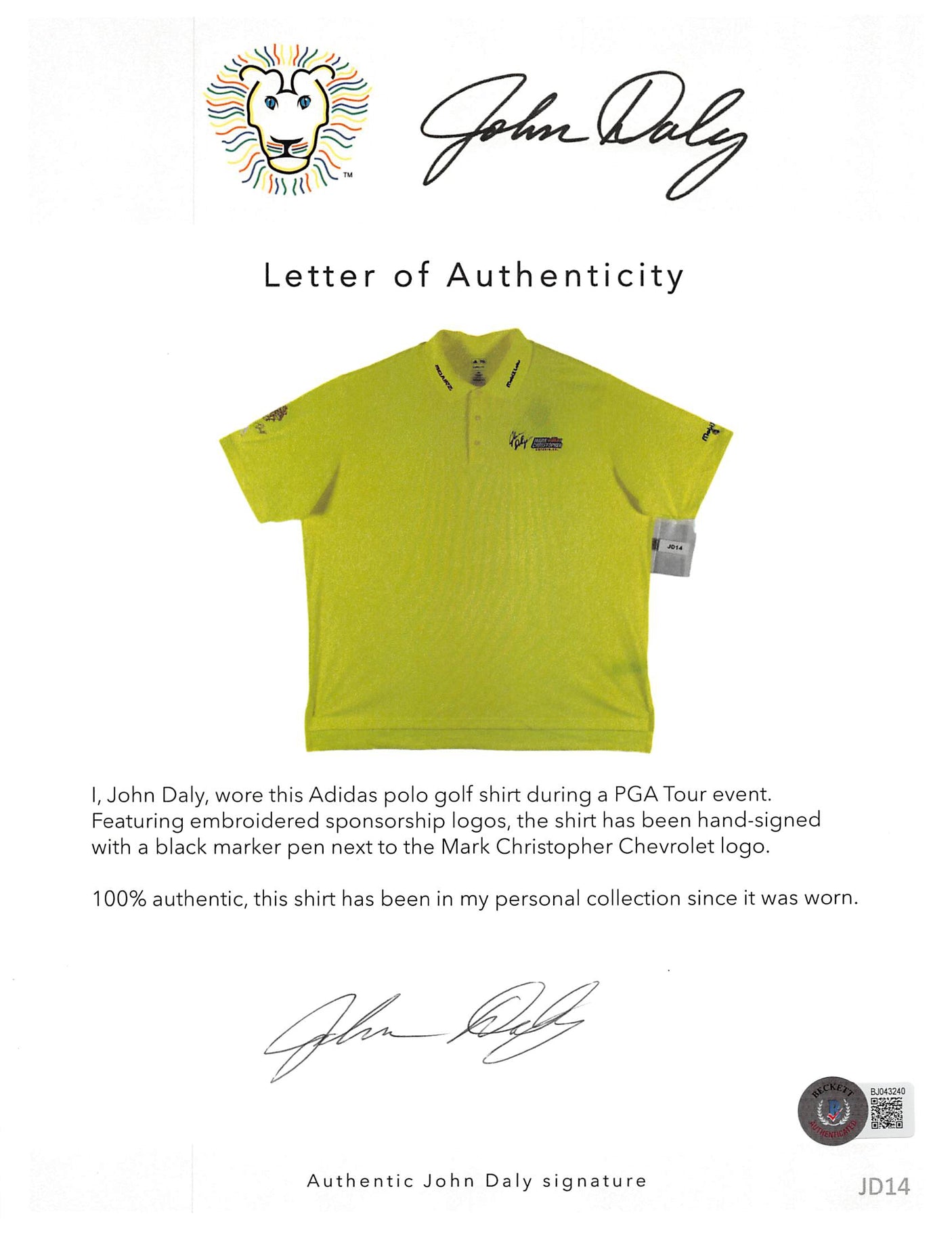 John Daly Signed Match Worn Yellow Adidas Climalite Polo Shirt BAS #BH00367