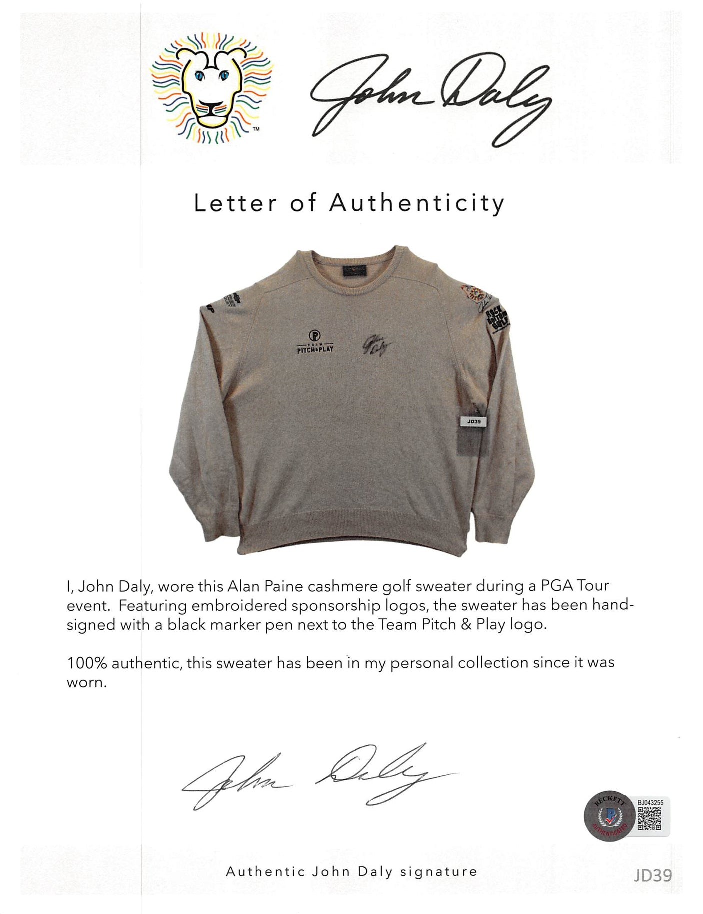 John Daly Signed Match Worn Black Alan Paine Cashmere Sweater BAS #BH00305