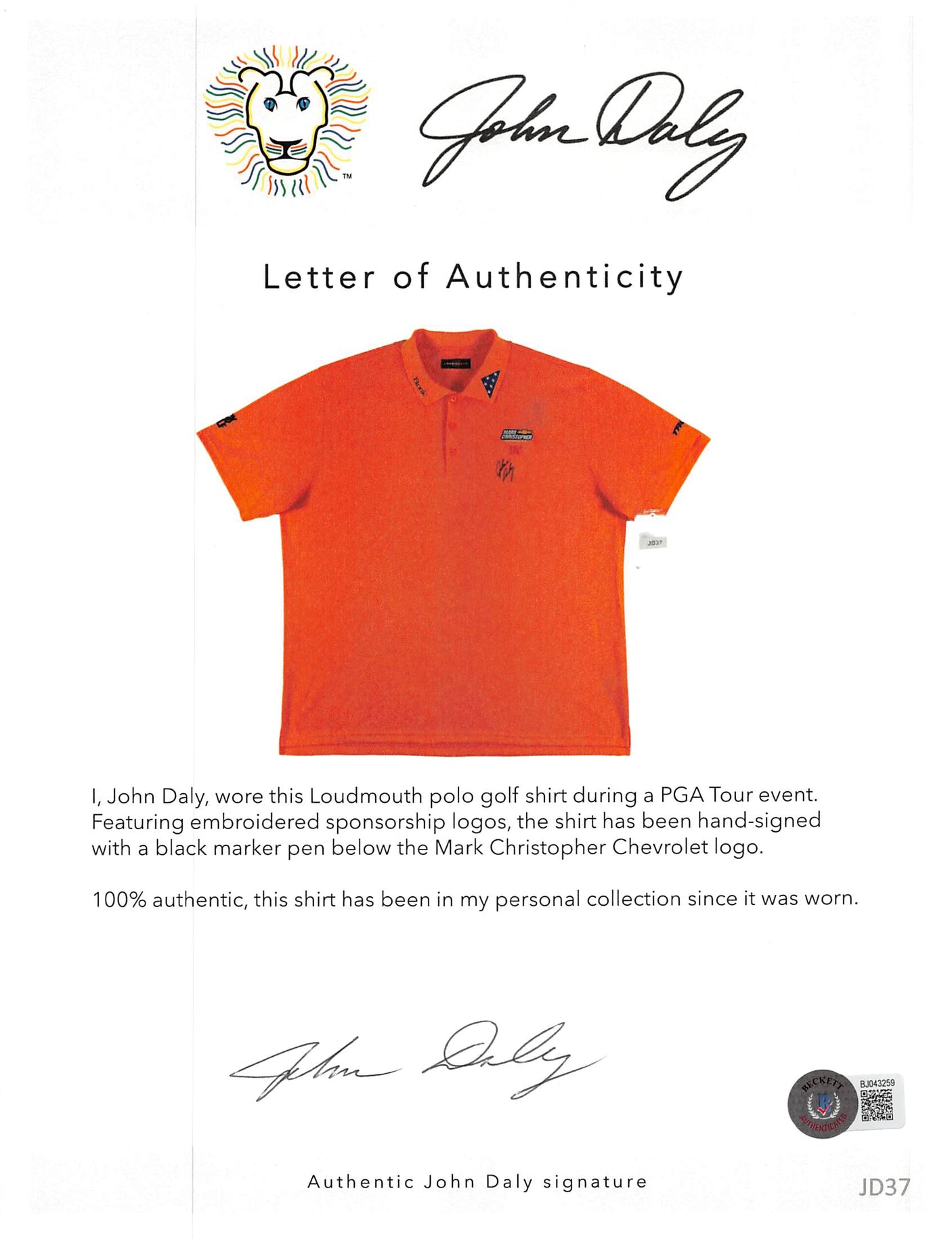John Daly Authentic Signed Match Worn Orange Loudmouth Polo Shirt BAS #BH00360