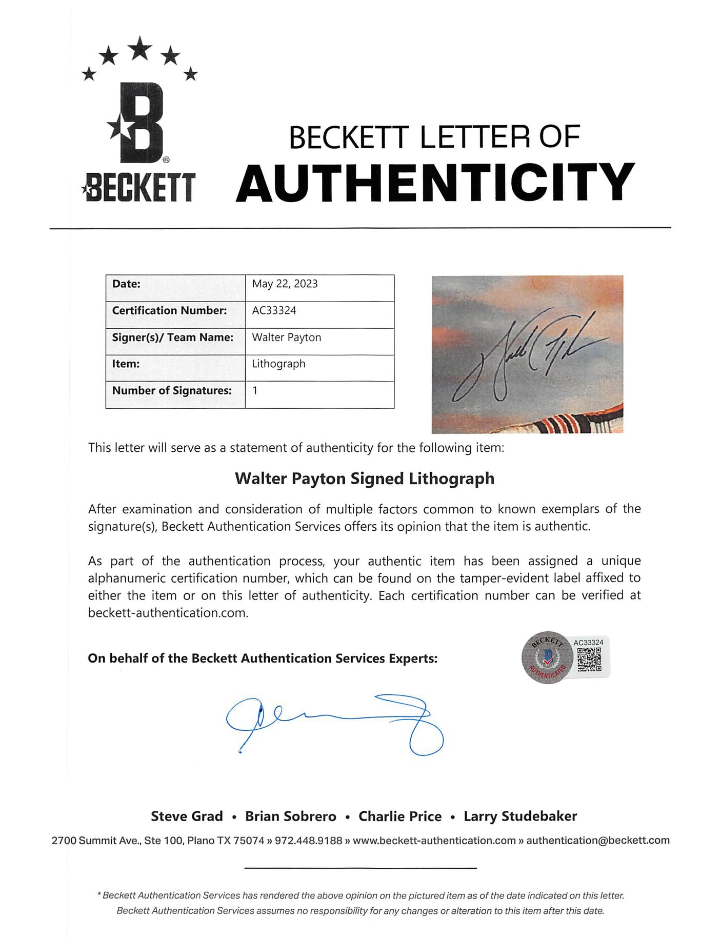 Bears Walter Payton Signed & Framed 20x30 Lithograph LE #1438/1993 BAS #AC33324