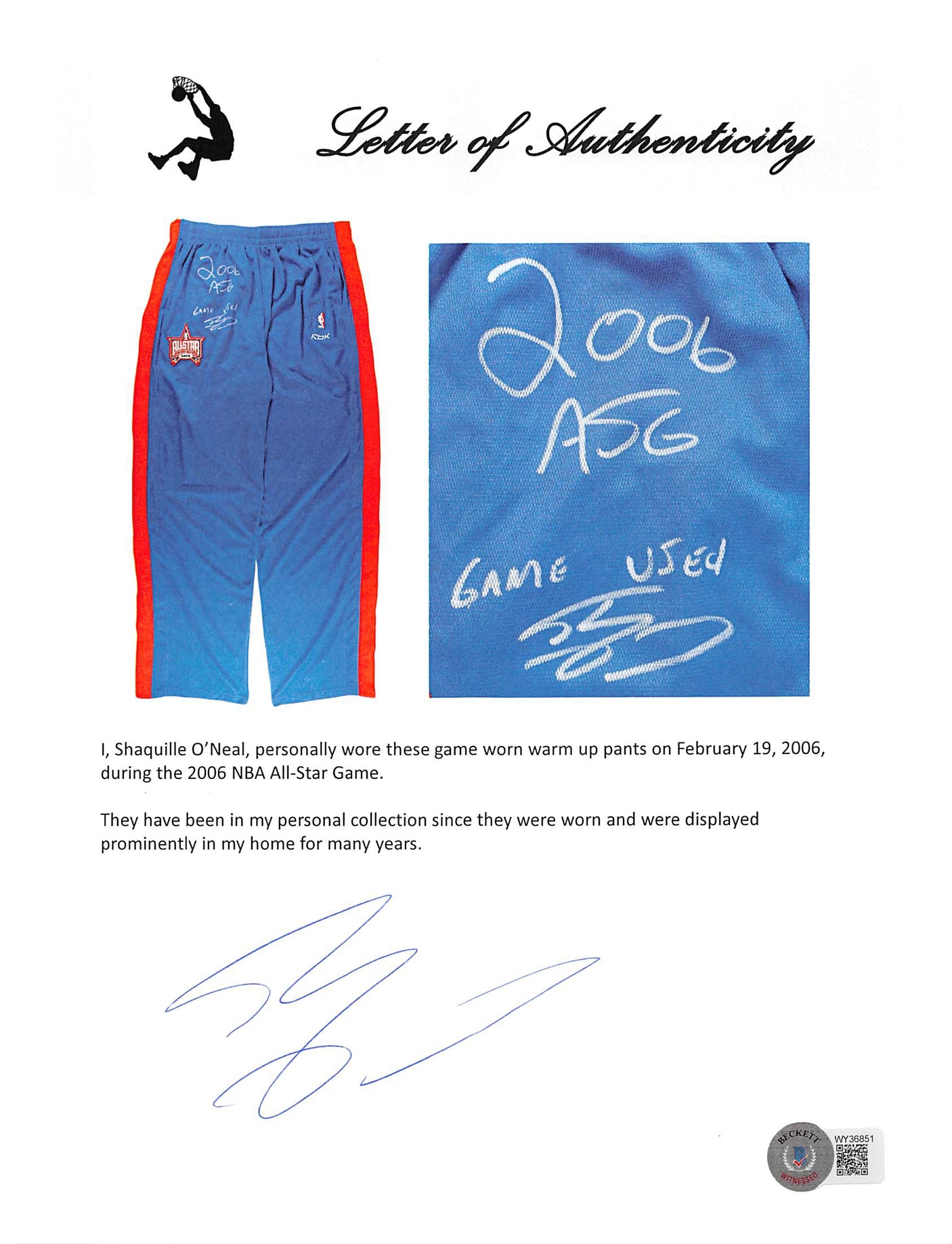 Heat Shaquille O'Neal "2006 ASG Game Used" Signed Blue Reebok Warmup Pants BAS W