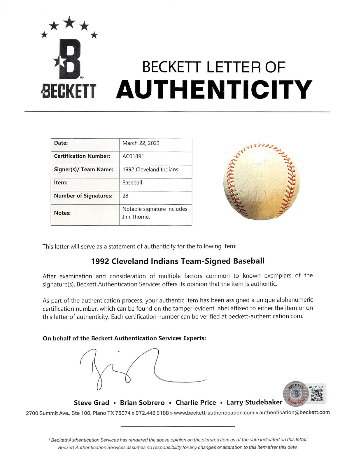 1992 Indians (28) Thome Authentic Signed Bobby Brown Oal Baseball BAS #AC01891