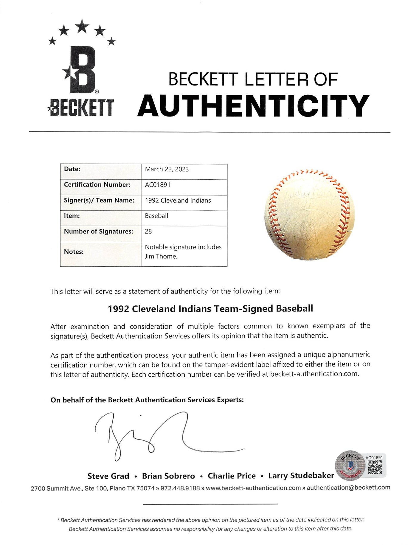 1992 Indians (28) Thome Authentic Signed Bobby Brown Oal Baseball BAS #AC01891