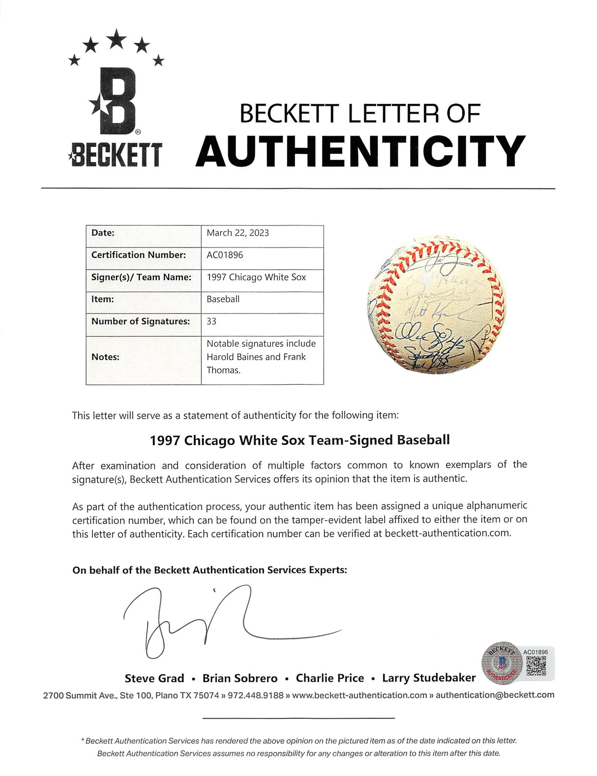 1997 White Sox (33) Thomas, Baines, Guillen Signed Oal Baseball BAS #AC01896
