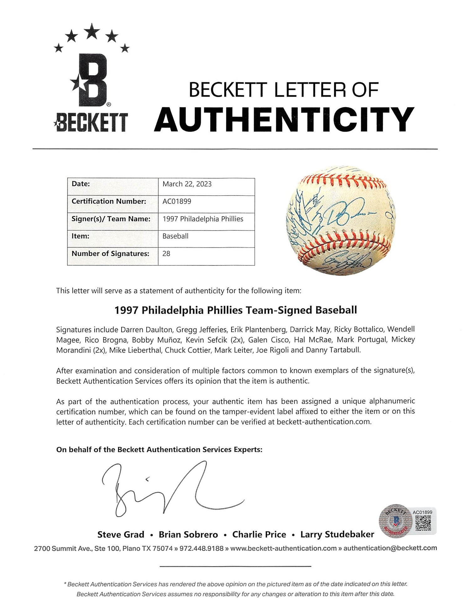 1997 Phillies (28) Daulton, Jefferies Morandini Signed Onl Baseball BAS #AC01899