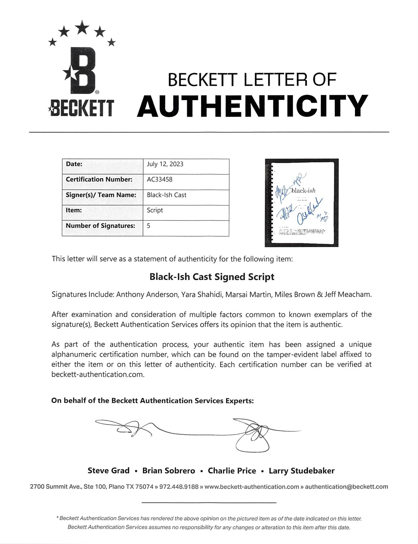 Black-ish Cast (5) Anderson, Shahidi, Martin +2 Signed Movie Script BAS #AC33458