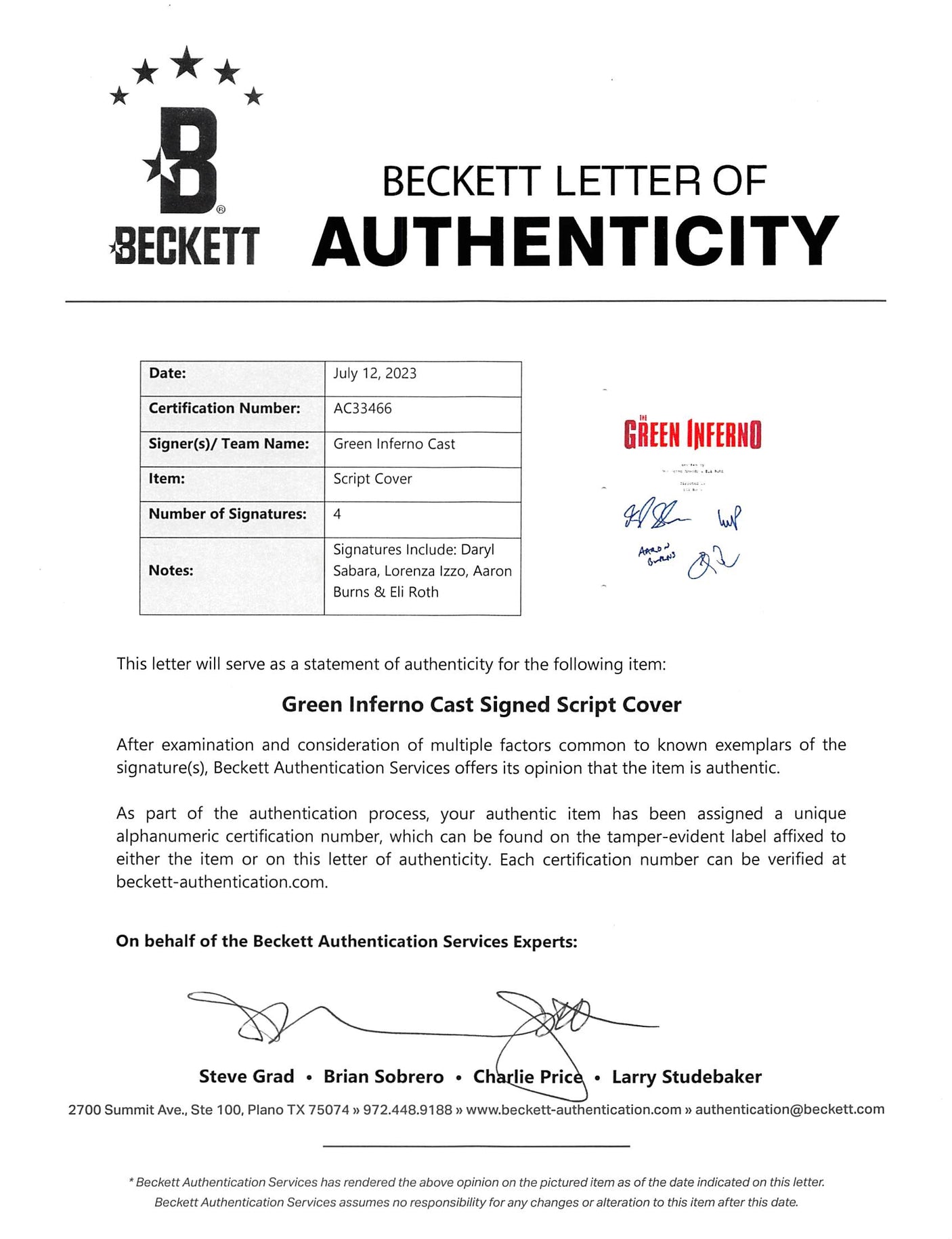 The Green Inferno Cast (4) Sabara, Izzo, +2 Signed Script Cover BAS #AC33466