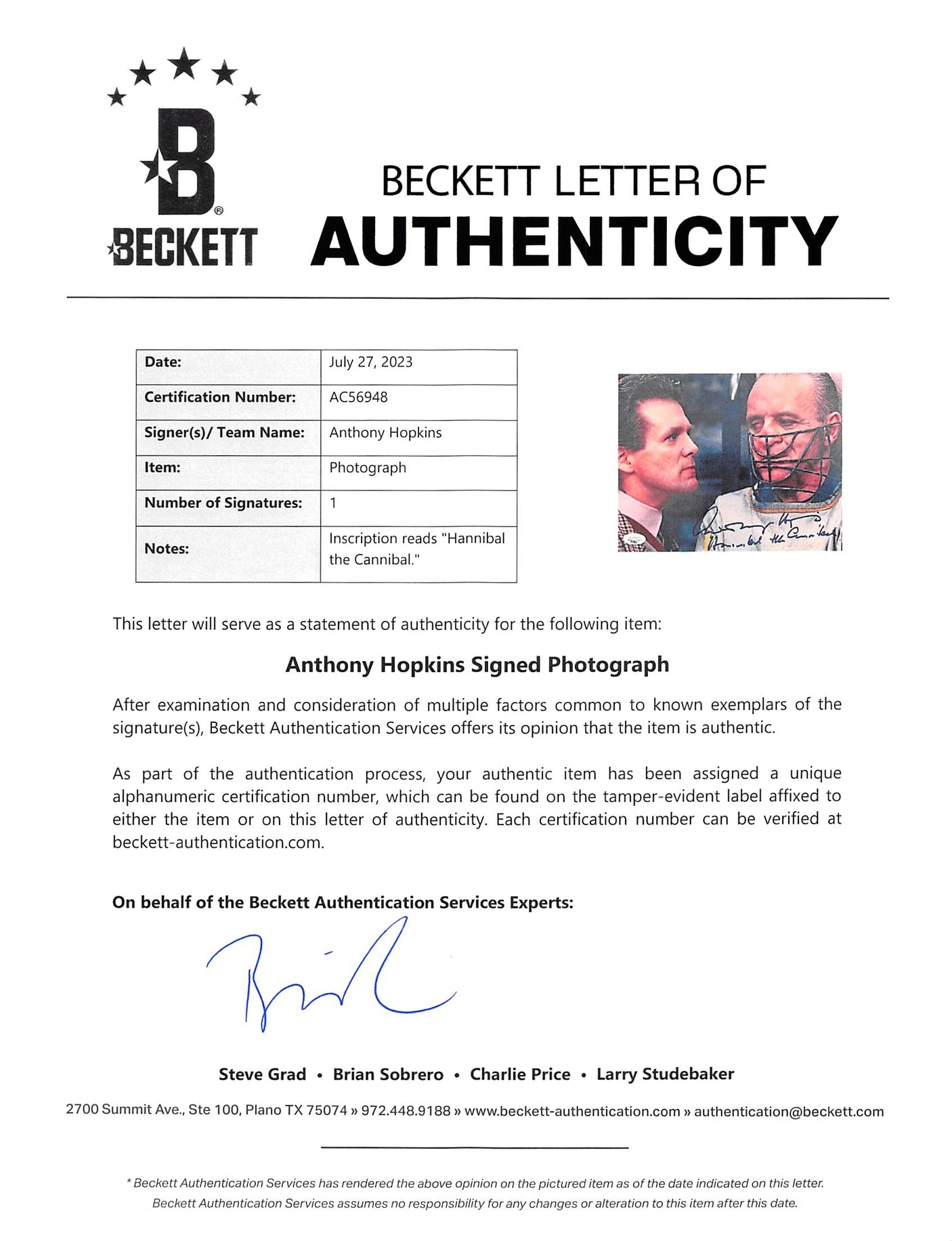 Anthony Hopkins "Hannibal The Cannibal" Authentic Signed 8x10 Photo BAS #AC56948