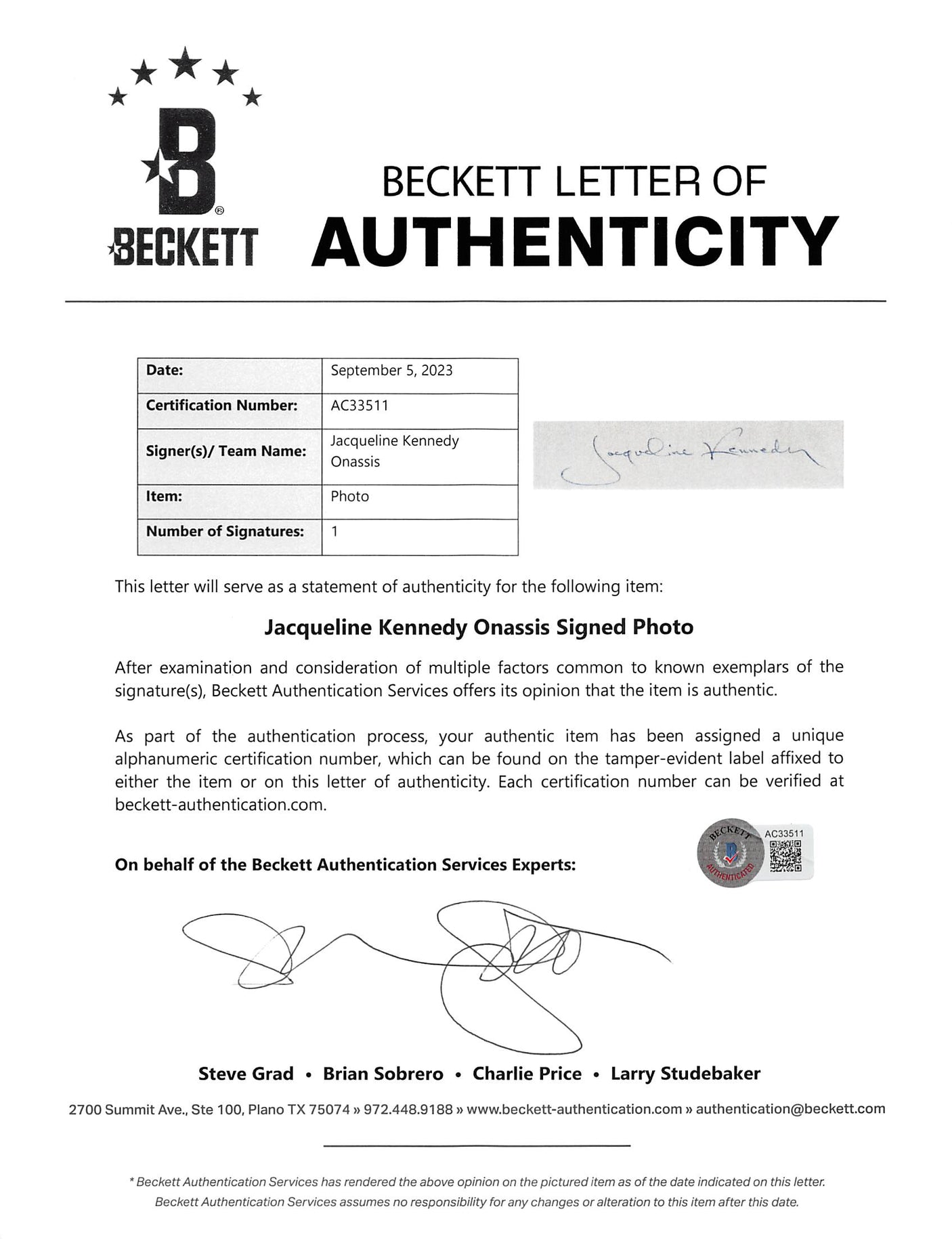 Jacqueline Kennedy Onassis Signed 9.75x13.25 White House Framed Photo BAS