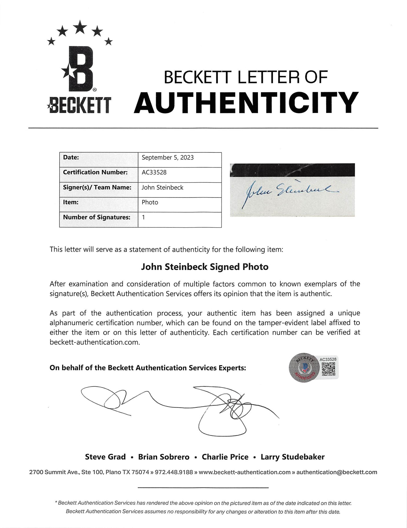 John Steinbeck The Grapes of Wrath Signed Mounted 5x7 Black & Photo BAS #AC33528