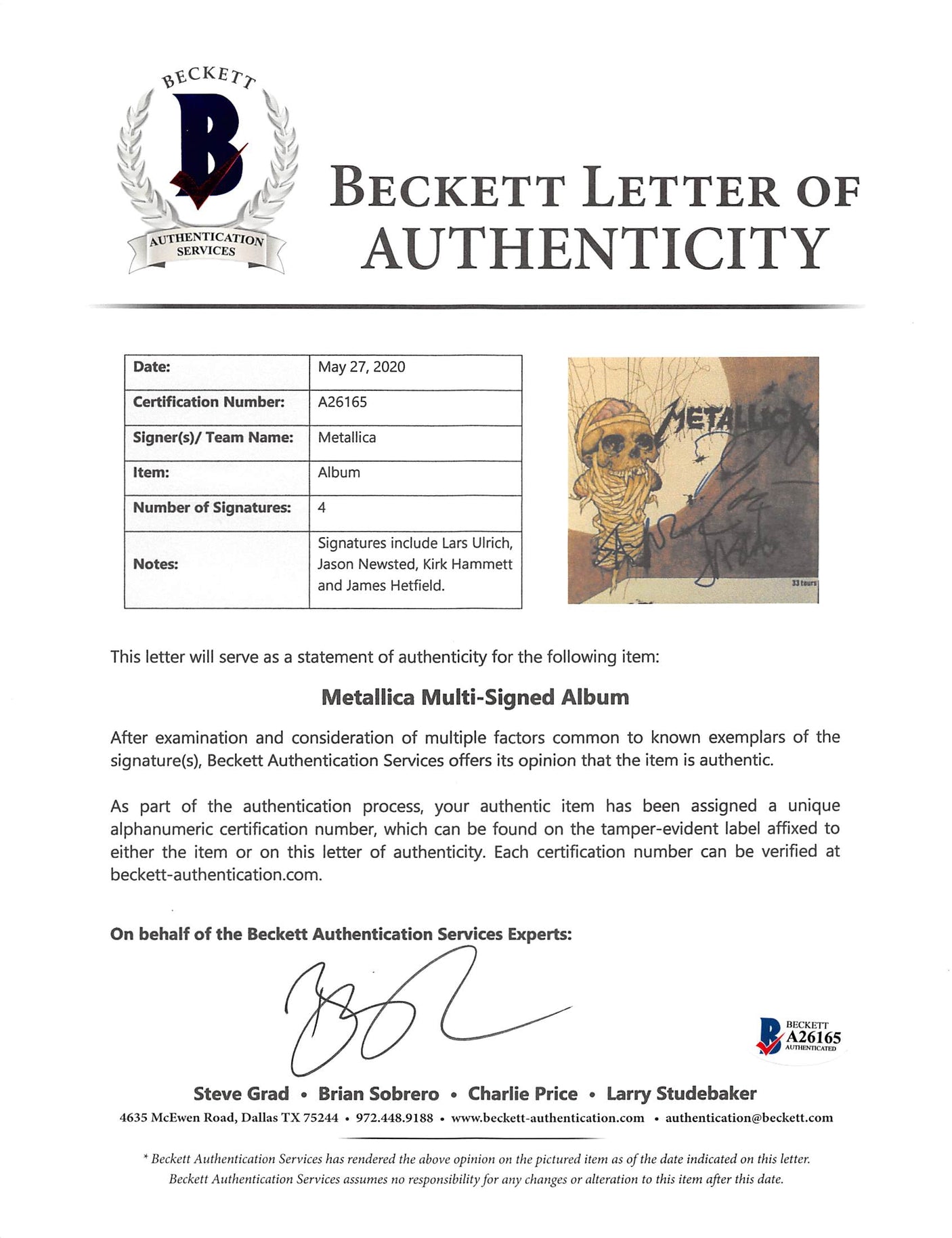 Metallica (4) Hetfield, Ulrich, Hammett +1 Signed One 45 RPM Album Cover BAS