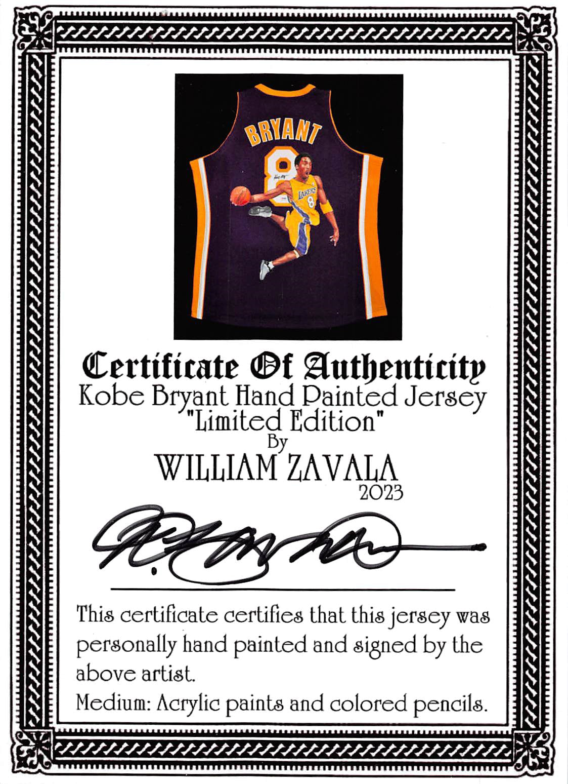 Lakers Kobe Bryant Signed William Zavala Hand Painted M&N Framed Jersey PSA