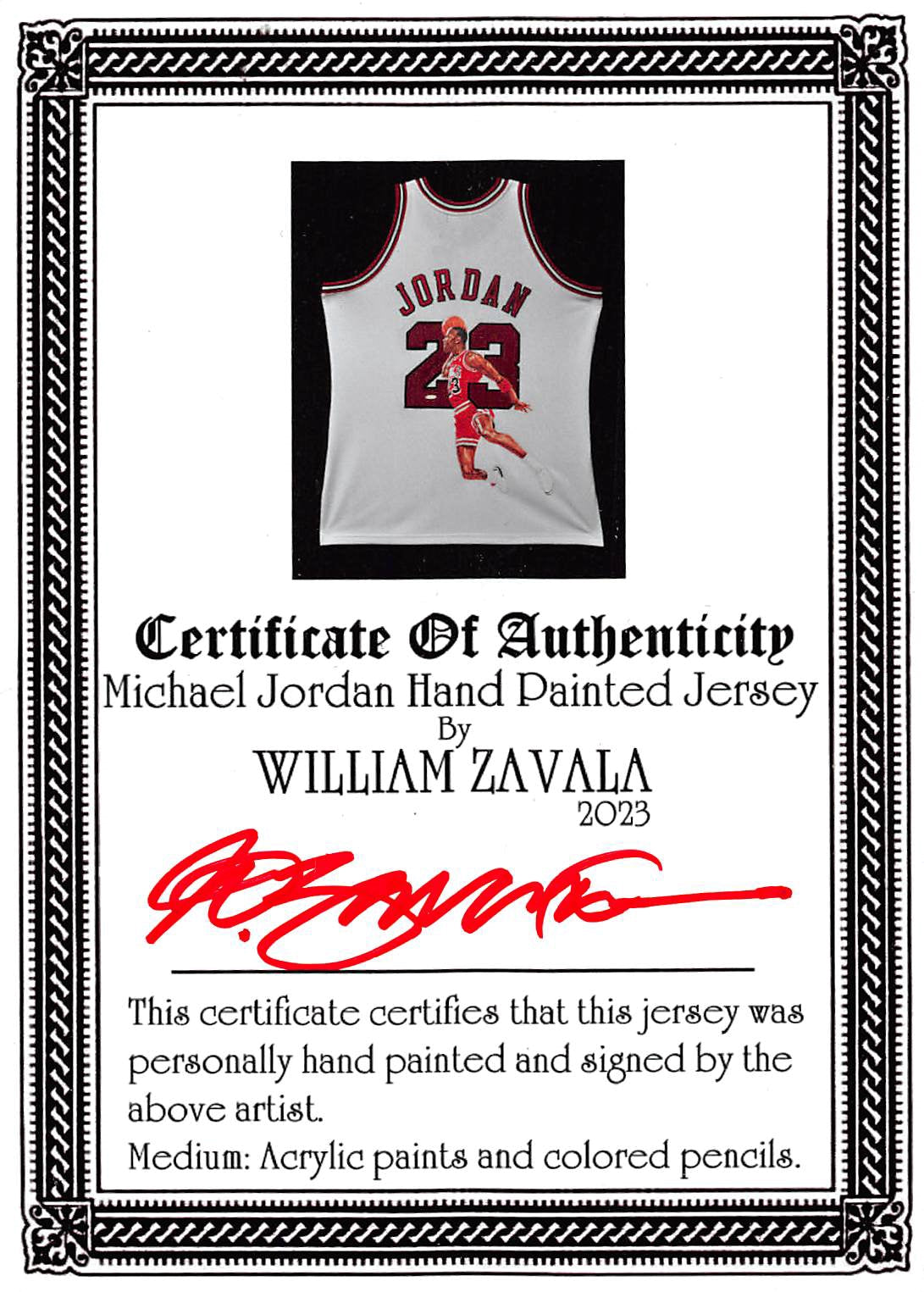 Bulls Michael Jordan Signed William Zavala Hand Painted M&N Framed Jersey UDA
