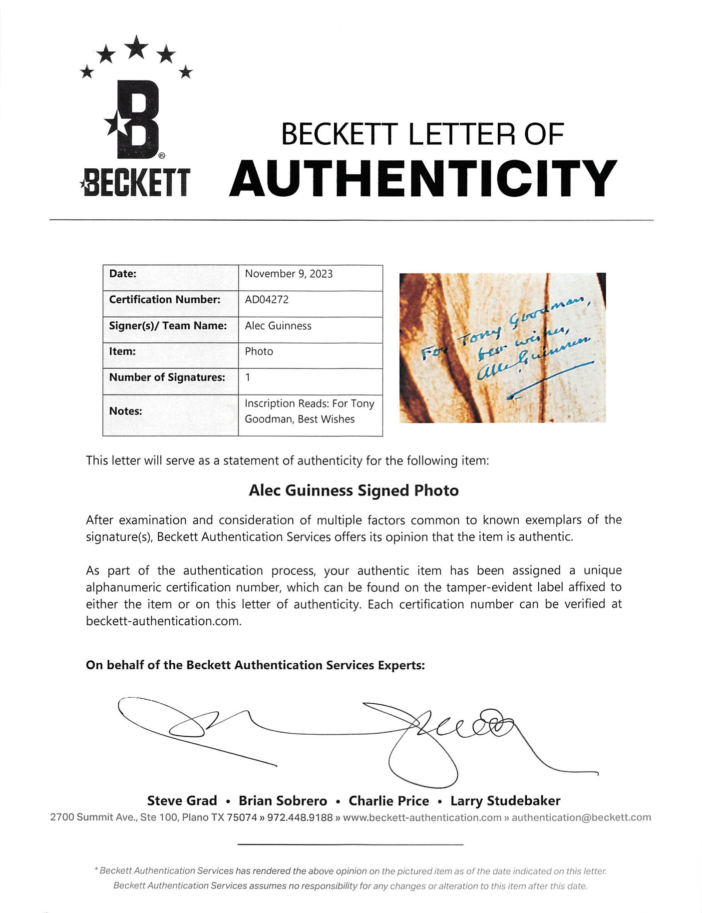 Alec Guinness Star Wars "Best Wishes" Authentic Signed 8x10 Photo BAS #AD04272