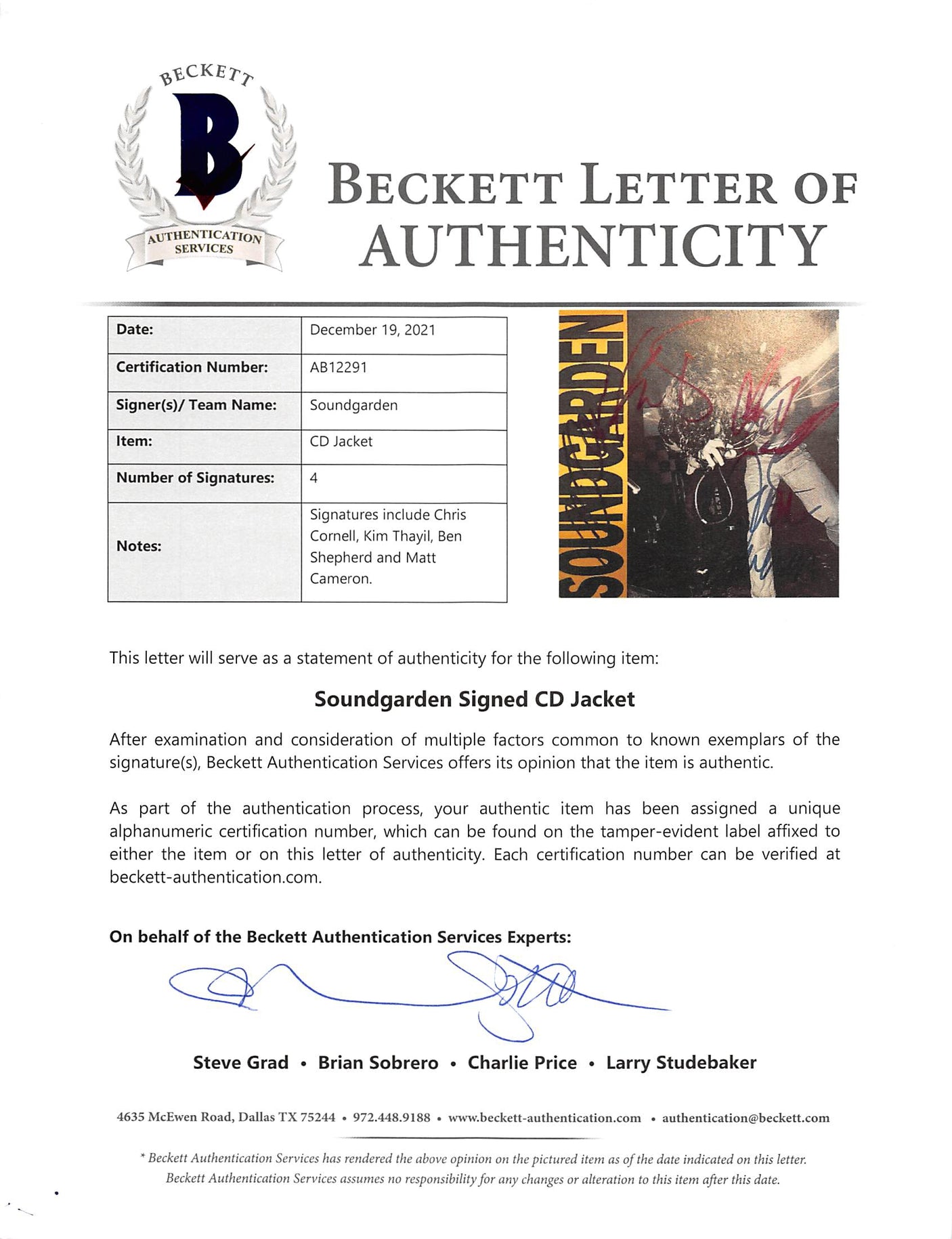 Soundgarden (3) Cornell, Thayil, Shepherd & Cameron Signed Insert W/ Disk BAS