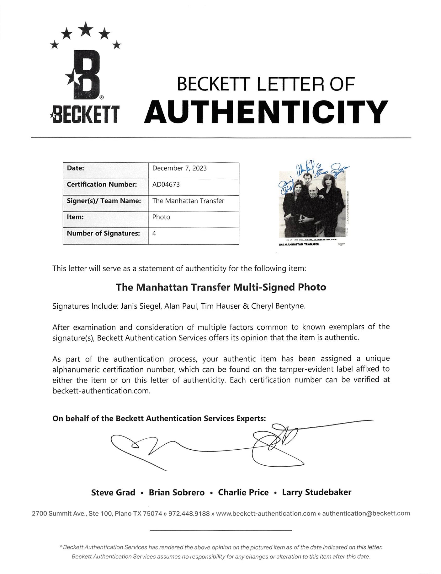 The Manhattan Transfer (4) Authentic Signed 8x10 B&W Photo BAS #AD04673