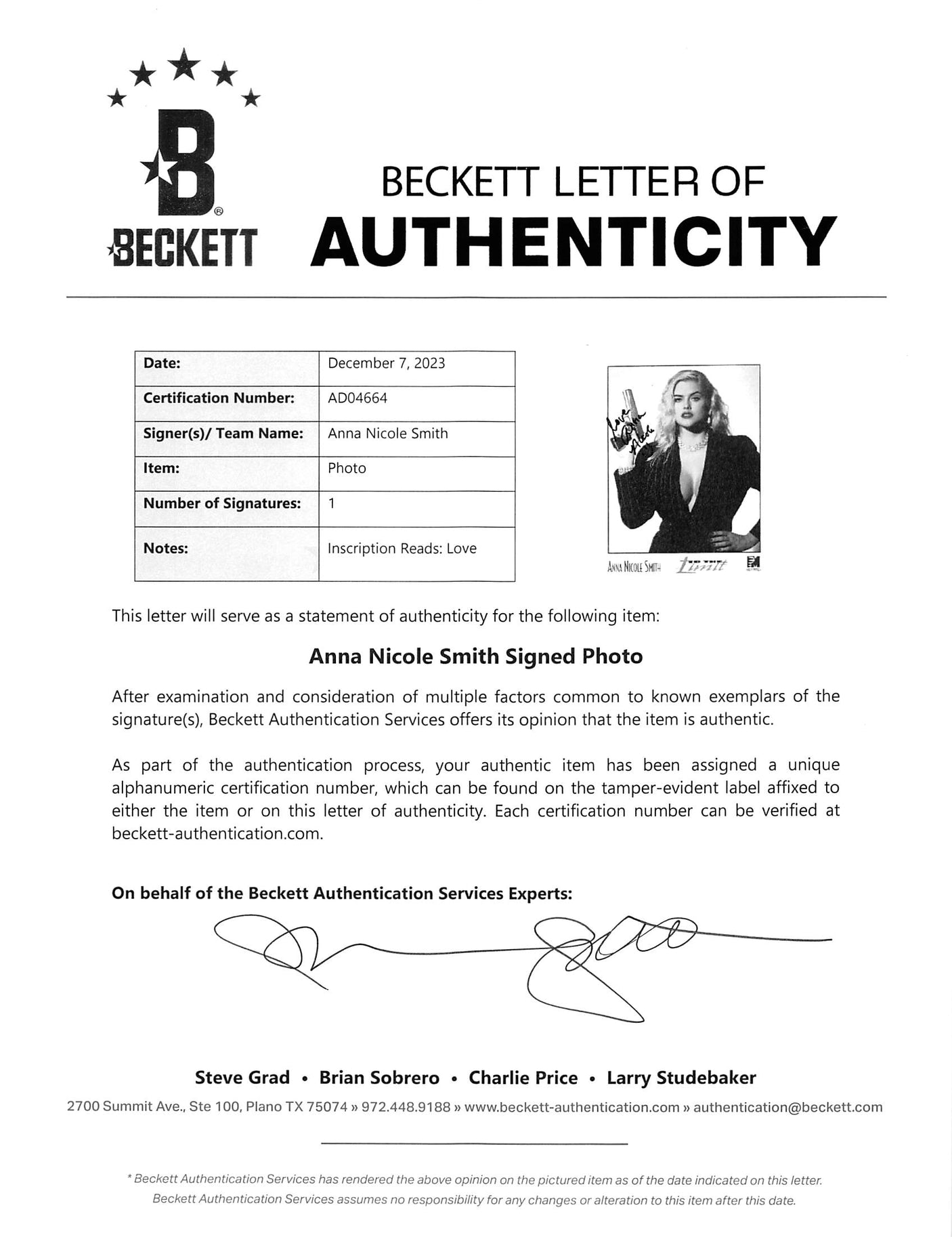 Anna Nicole Smith To The Limit "Love" Signed 8x10 B&W Photo BAS #AD04664