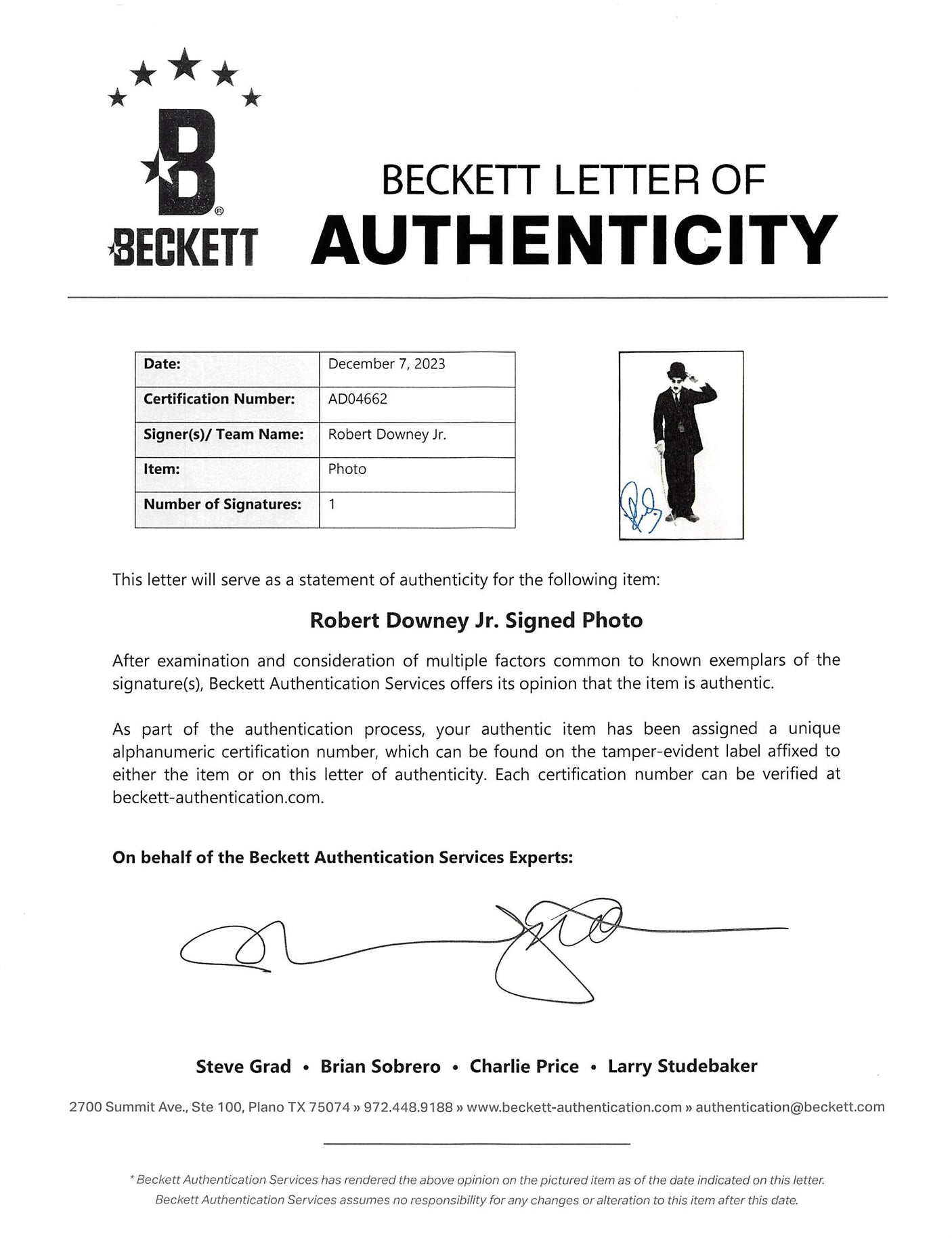 Robert Downey Jr. Chaplin Authentic Signed 8x10 Black & White Photo BAS #AD04662