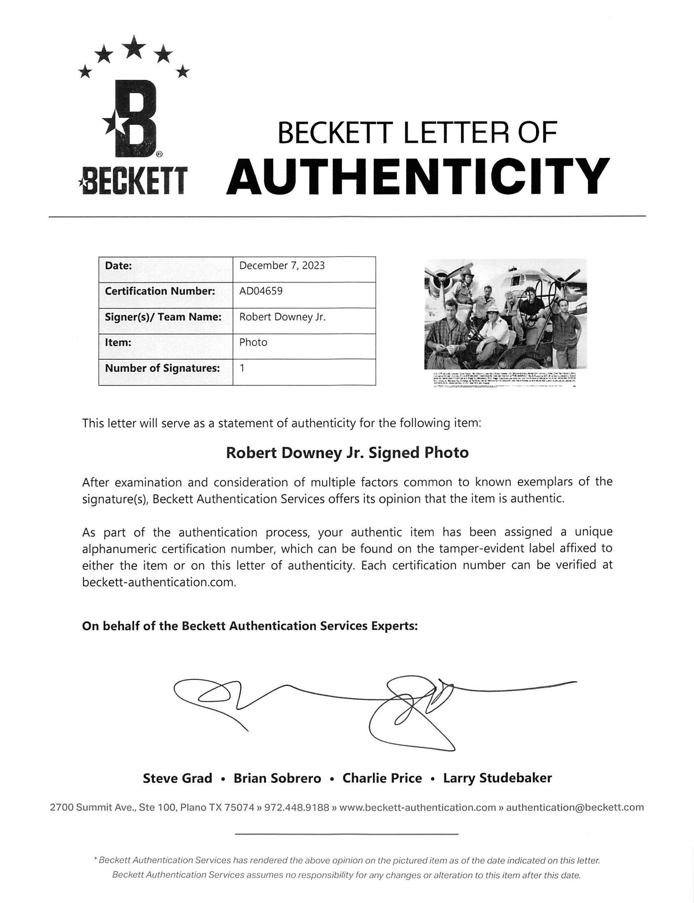 Robert Downey Jr. Air America Authentic Signed 8x10 B&W Photo BAS #AD04659