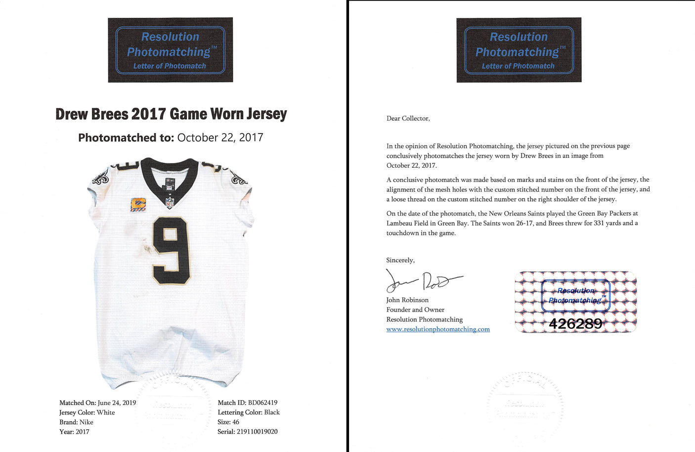 Saints Drew Brees Signed Game Worn 10/22/17 White Nike Jersey Photomatched & PSA