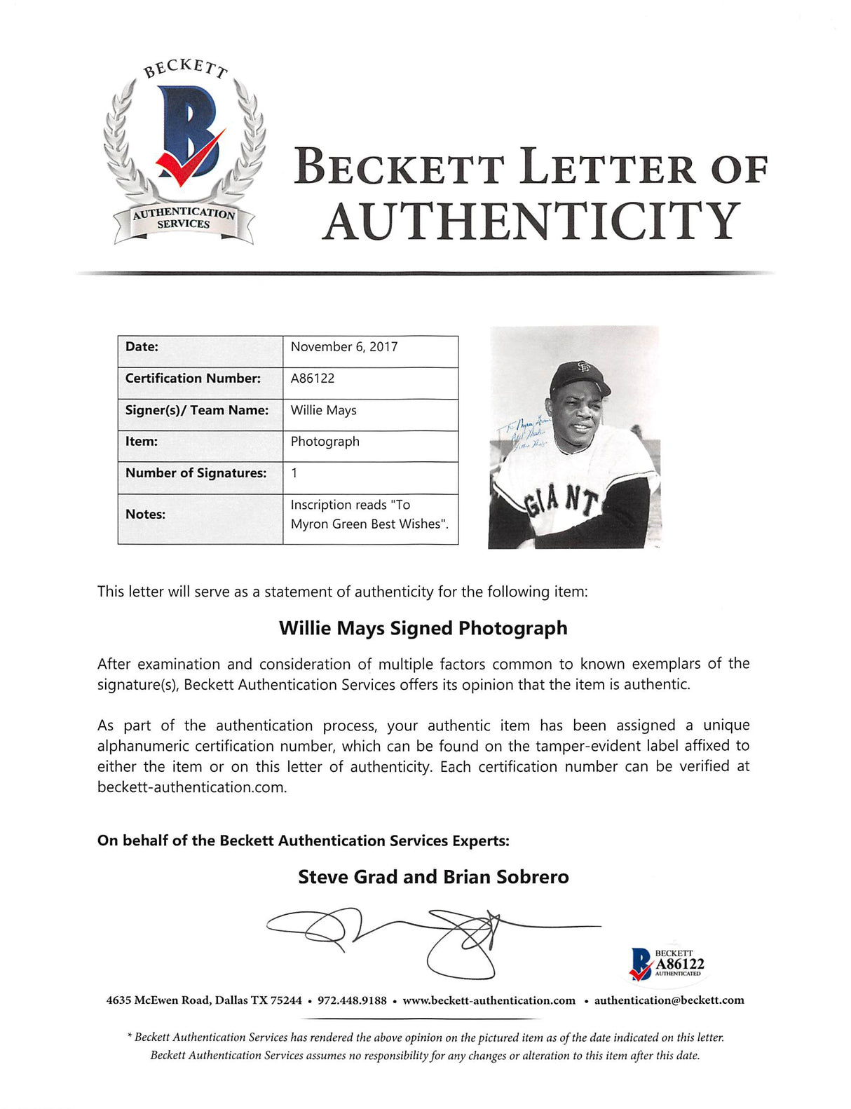 Giants Willie Mays "Best Wishes" Signed 8x10 Black & White Photo BAS #A86122