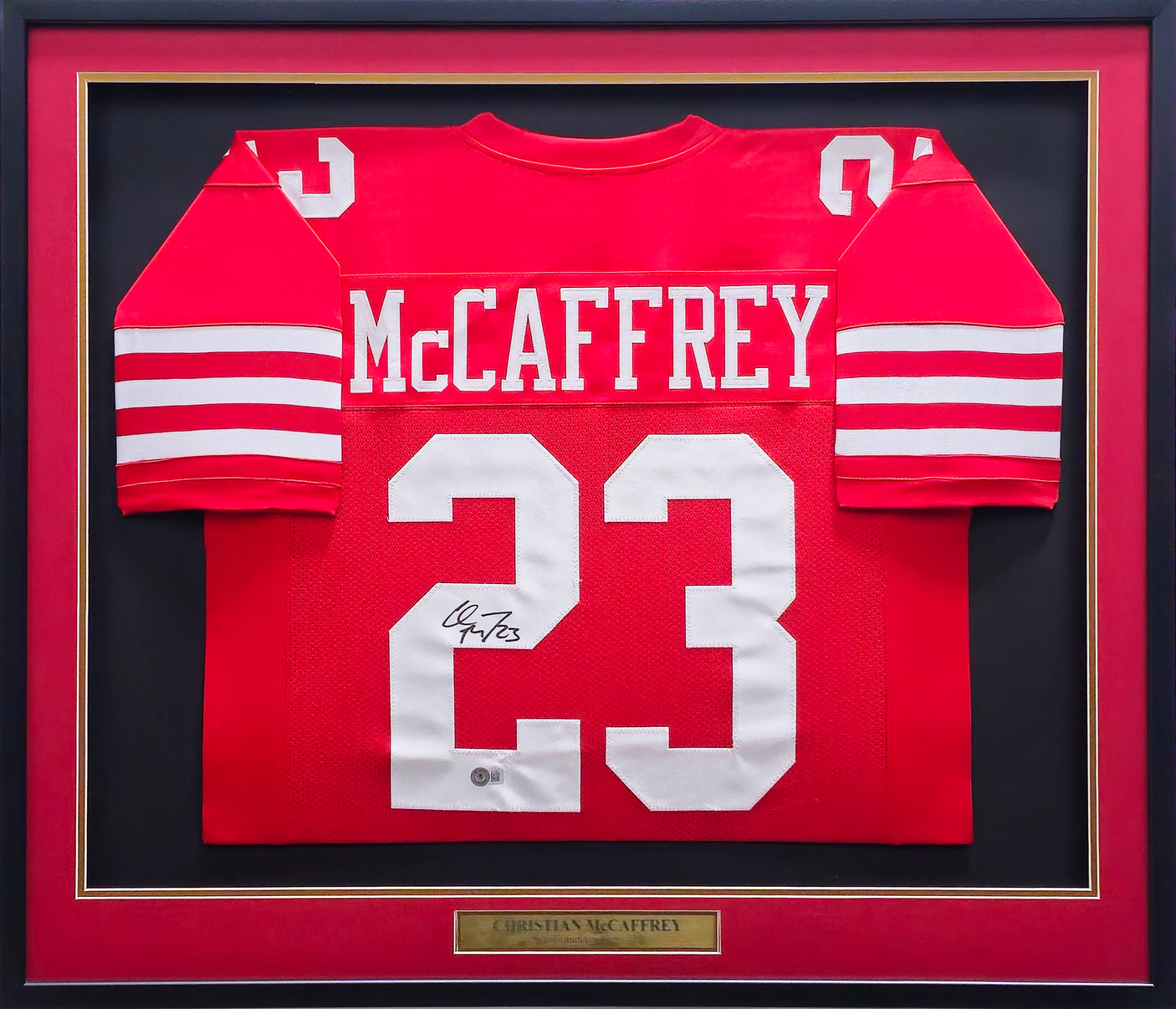 San Francisco 49ers Christian McCaffrey Autographed Framed Red Jersey Beckett BAS QR Stock #234595