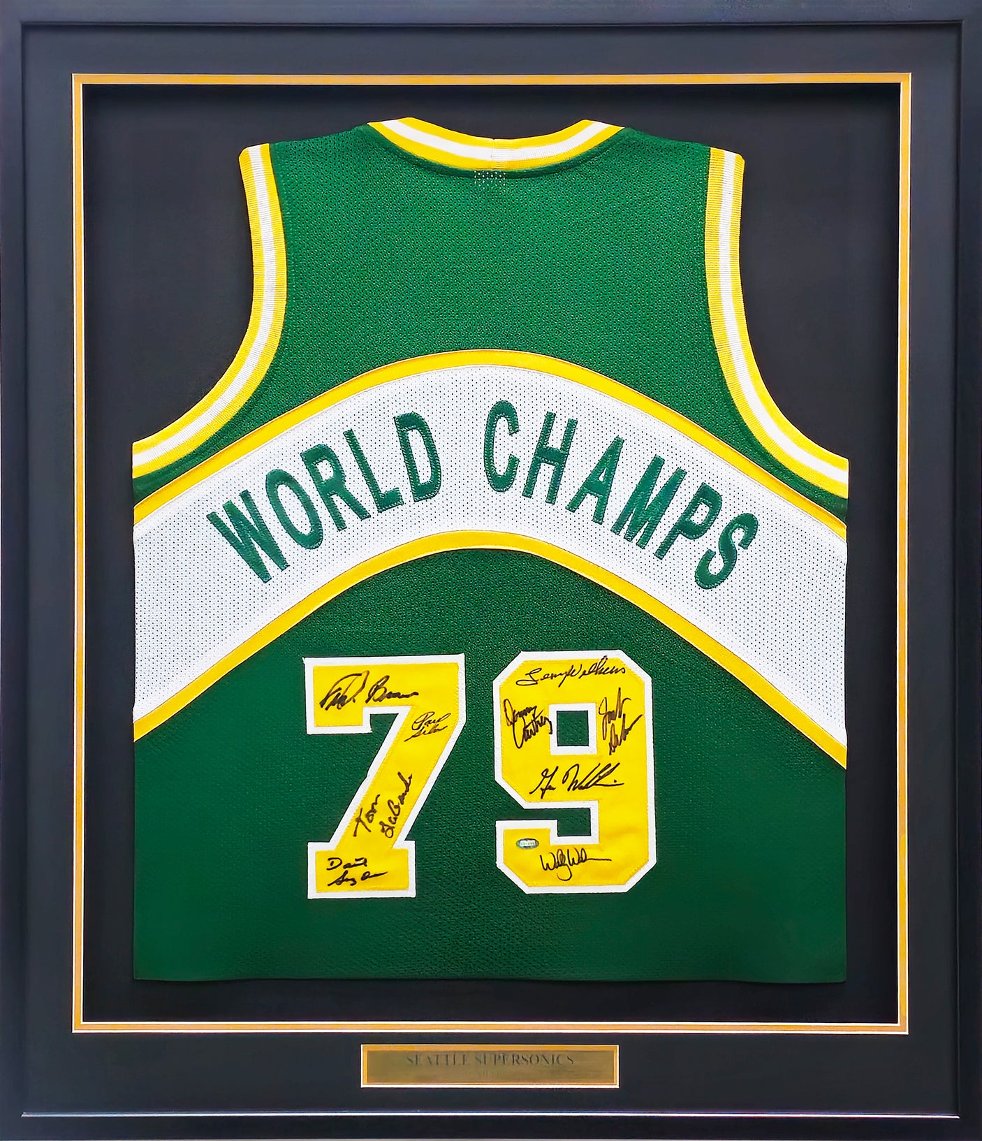 1978-79 NBA Champions Seattle Supersonics Multi Signed Autographed Framed Green Jersey With 9 Signatures Including Lenny Wilkens, Fred Brown & Gus Williams MCS Holo Stock #233872
