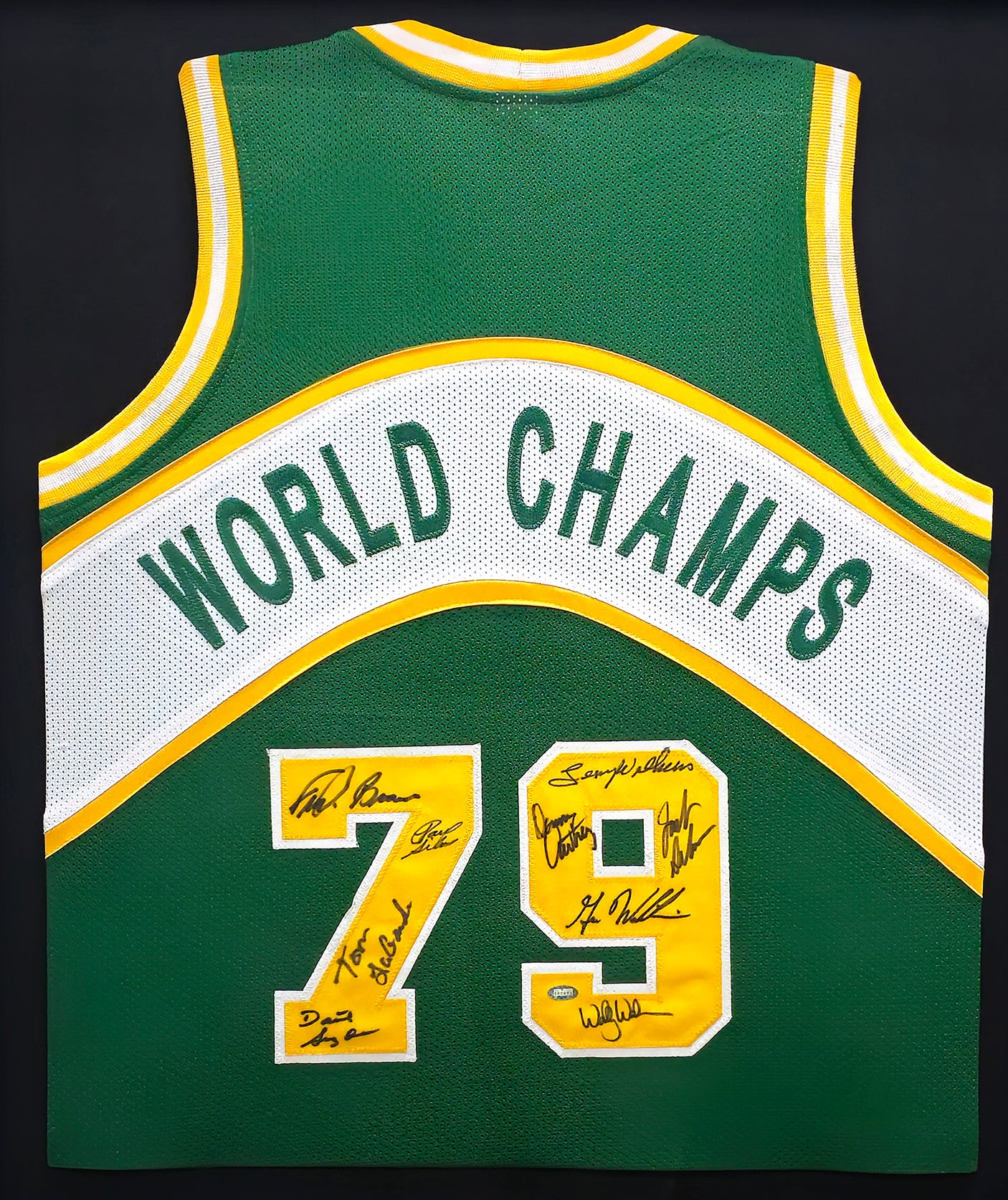 1978-79 NBA Champions Seattle Supersonics Multi Signed Autographed Framed Green Jersey With 9 Signatures Including Lenny Wilkens, Fred Brown & Gus Williams MCS Holo Stock #233872