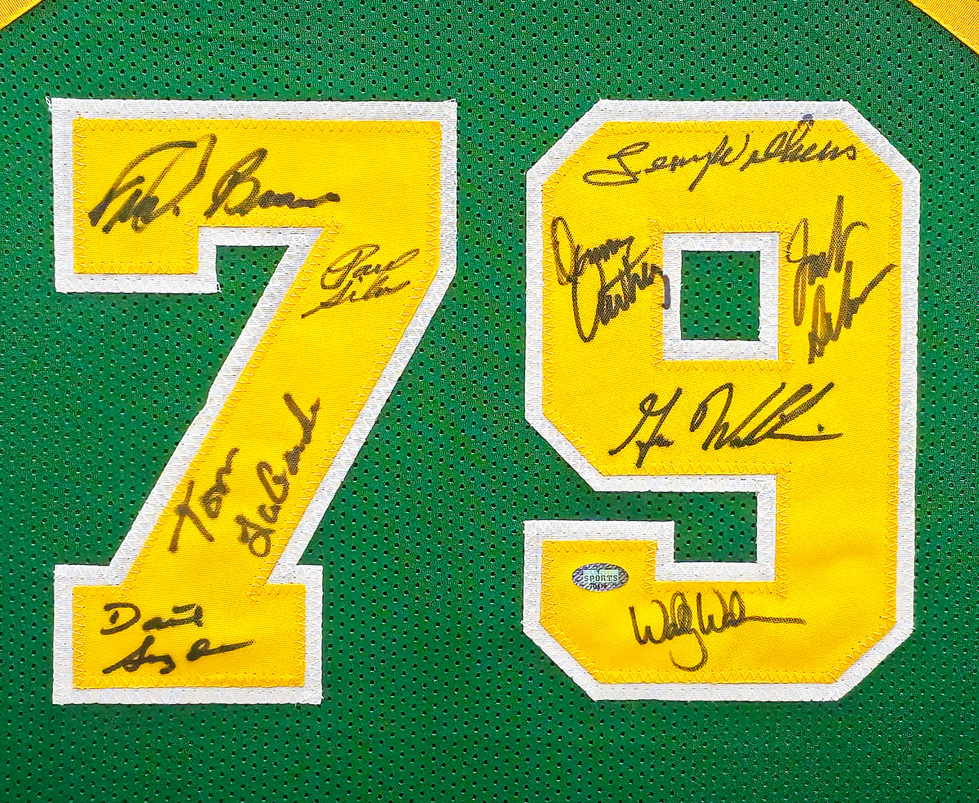 1978-79 NBA Champions Seattle Supersonics Multi Signed Autographed Framed Green Jersey With 9 Signatures Including Lenny Wilkens, Fred Brown & Gus Williams MCS Holo Stock #233872