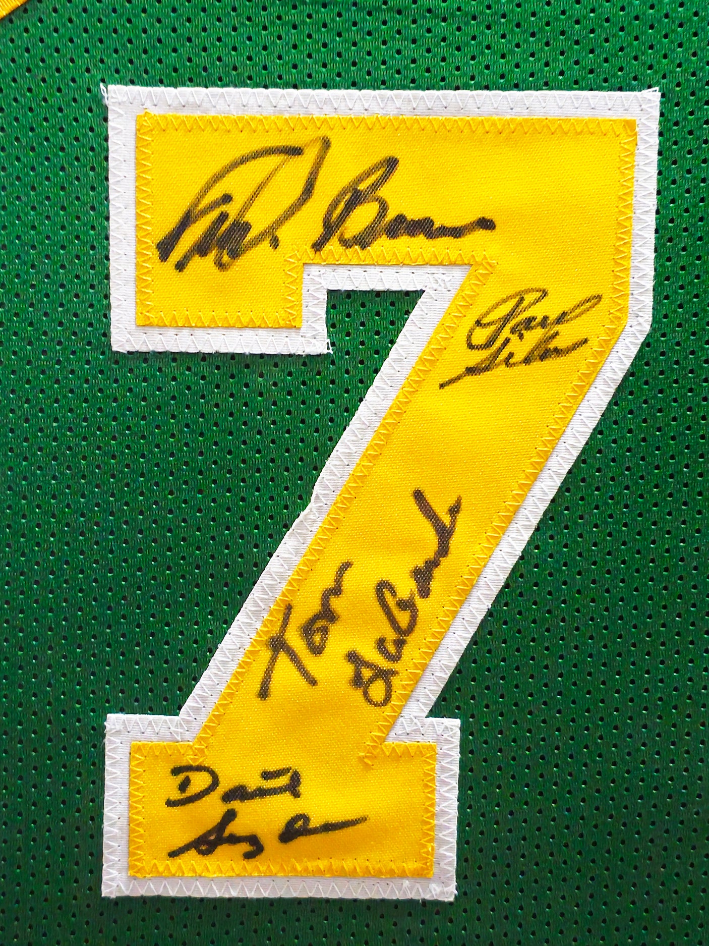 1978-79 NBA Champions Seattle Supersonics Multi Signed Autographed Framed Green Jersey With 9 Signatures Including Lenny Wilkens, Fred Brown & Gus Williams MCS Holo Stock #233872
