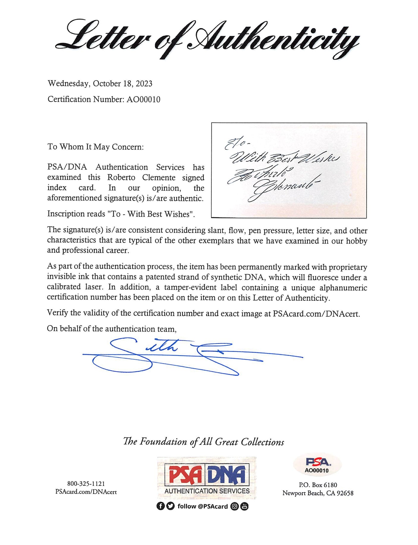 Pirates Roberto Clemente "With Best Wishes" Signed 3x5 Index Card BAS & PSA/DNA